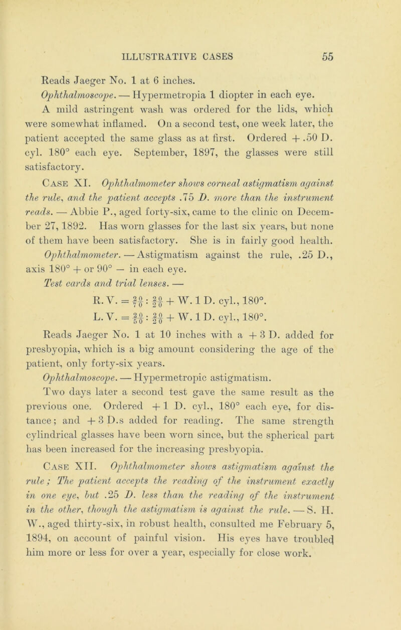 Reads Jaeger No. 1 at 6 inches. Ophthalmoscope. — Hypermetropia 1 diopter in each eye. A mild astringent wash was ordered for the lids, which were somewhat inflamed. On a second test, one week later, the patient accepted the same glass as at first. Ordered + .50 D. cyl. 180° each eye. September, 1897, the glasses were still satisfactory. Case XI. Ophthalmometer shows corneal astigmatism against the rule, and the patient accepts .75 D. more than the instrument reads. — Abbie P., aged forty-six, came to the clinic on Decem- ber 27, 1892. Has worn glasses for the last six years, but none of them have been satisfactory. She is in fairly good health. Ophthalmometer.—Astigmatism against the rule, .25 D., axis 180° + or 90° — in each eye. Test cards and trial lenses. — R. V. = ||: || + W. 1 D. cyl., 180°. L.v- = M: U + w-1 D- cyh, 180°. Reads Jaeger No. 1 at 10 inches with a + 3 D. added for presbyopia, which is a big amount considering the age of the patient, only forty-six years. Ophthalmoscope. — Hypermetropic astigmatism. Two days later a second test gave the same result as the previous one. Ordered +1 D. cyl., 180° each eye, for dis- tance; and +3D.s added for reading. The same strength cylindrical glasses have been worn since, but the spherical part has been increased for the increasing presbyopia. Case XII. Ophthalmometer shows astigmatism against the ride; The patient accepts the reading of the instrument exactly in one eye, but .25 I). less than the reading of the instrument in the other, though the astigmatism is against the rule.—S. H. W., aged thirty-six, in robust health, consulted me February 5, 1894, on account of painful vision. His eyes have troubled him more or less for over a year, especially for close work.