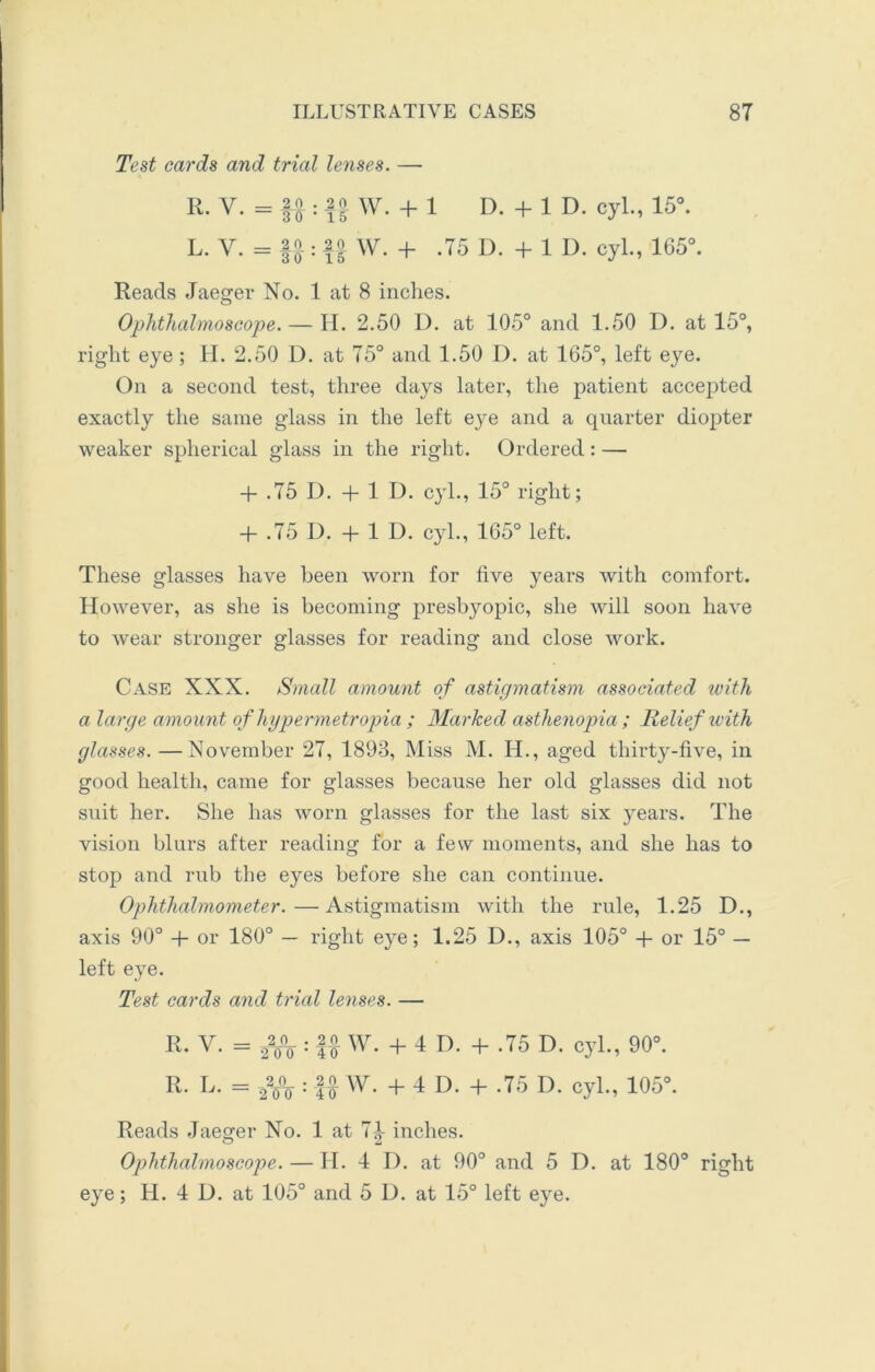 Test cards and trial lenses. — R. V. = ft: ff W. + l D. + 1 D. cyl., 15°. L. V. = ft: W. + .75 D. + 1 D. cyl., 165°. Reads Jaeger No. 1 at 8 inches. Ophthalmoscope. — H. 2.50 D. at 105° and 1.50 D. at 15°, right eye ; H. 2.50 D. at 75° and 1.50 D. at 165°, left eye. On a second test, three days later, the patient accepted exactly the same glass in the left eye and a quarter diopter weaker spherical glass in the right. Ordered: — + .75 D. + 1 I), cyl., 15° right; + .75 D. + 1 D. cyl., 165° left. These glasses have been worn for five years with comfort. However, as she is becoming presbyopic, she will soon have to wear stronger glasses for reading and close work. Case XXX. Small amount of astigmatism associated with a large amount of hgpermetropia ; Marked asthenopia ; Relief with glasses. — November 27, 1893, Miss M. Id., aged thirty-five, in good health, came for glasses because her old glasses did not suit her. She has worn glasses for the last six years. The vision blurs after reading for a few moments, and she has to stop and rub the eyes before she can continue. Ophthalmometer.—Astigmatism with the rule, 1.25 D., axis 90° + or 180° — right eye; 1.25 D., axis 105° + or 15° — left eye. Test cards and trial lenses. — R. V. = 52o°o : ff W. + 4 D. + .75 D. cyl., 90°. R. L. = 2%\ : |f W. + 4 D. + .75 D. cyl., 105°. Reads Jaeger No. 1 at 7f inches. Ophthalmoscope. — Id. 4 D. at 90° and 5 D. at 180° right eye; H. 4 D. at 105° and 5 D. at 15° left eye.