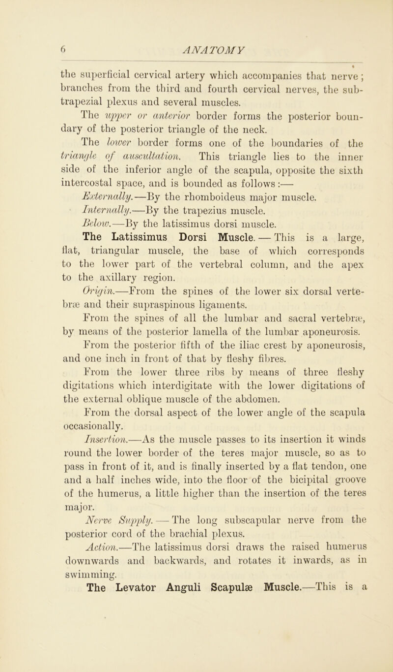 the superficial cervical artery which accompanies that nerve ; branches from the third and fourth cervical nerves, the sub- trapezial plexus and several muscles. The upper or anterior border forms the posterior boun- dary of the posterior triangle of the neck. The lower border forms one of the boundaries of the triangle of auscultation. This triangle lies to the inner side of the inferior angle of the scapula, opposite the sixth intercostal space, and is bounded as follows :— Externally.—By the rhomboideus major muscle. Internally.—By the trapezius muscle. Below.—By the latissimus dorsi muscle. The Latissimus Dorsi Muscle. — This is a large, fiat, triangular muscle, the base of which corresponds to the lower part of the vertebral column, and the apex to the axillary region. Origin.—From the spines of the lower six dorsal verte- brae and their supraspinous ligaments. From the spines of all the lumbar and sacral vertebrae, by means of the posterior lamella of the lumbar aponeurosis. From the posterior fifth of the iliac crest by aponeurosis, and one inch in front of that by fleshy fibres. From the lower three ribs by means of three fleshy digitations which interdigitate with the lower digitations of the external oblique muscle of the abdomen. From the dorsal aspect of the lower angle of the scapula occasionally. Insertion.—As the muscle passes to its insertion it winds round the lower border of the teres major muscle, so as to pass in front of it, and is finally inserted by a flat tendon, one and a half inches wide, into the floor of the bicipital groove of the humerus, a little higher than the insertion of the teres major. Nerve Supply. — The long subscapular nerve from the posterior cord of the brachial plexus. Action.—The latissimus dorsi draws the raised humerus downwards and backwards, and rotates it inwards, as in swimming. The Levator Anguli Scapulae Muscle.—This is a