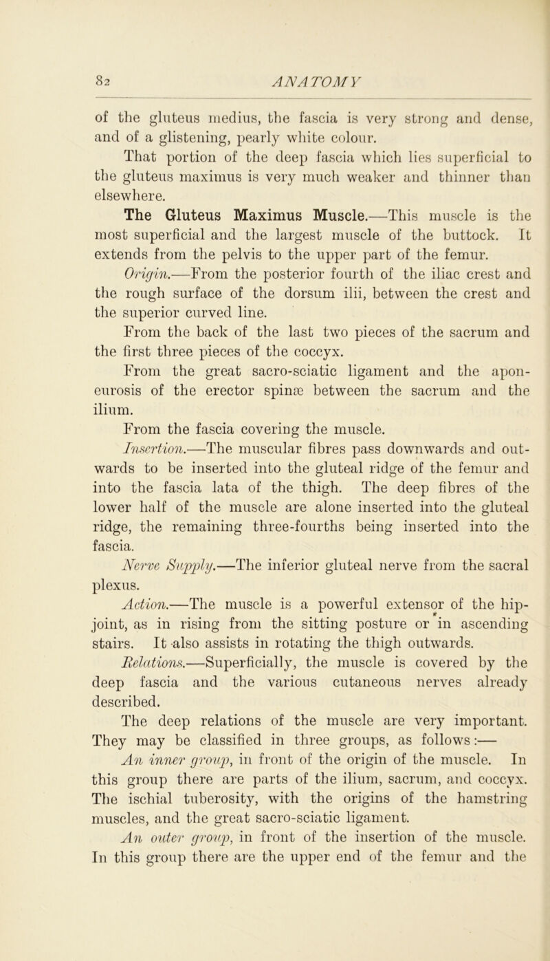 of the gluteus medius, the fascia is very strong and dense, and of a glistening, pearly white colour. That portion of the deep fascia which lies superficial to the gluteus maximus is very much weaker and thinner than elsewhere. The Gluteus Maximus Muscle.—This muscle is the most superficial and the largest muscle of the buttock. It extends from the pelvis to the upper part of the femur. Origin.—From the posterior fourth of the iliac crest and the rough surface of the dorsum ilii, between the crest and the superior curved line. From the back of the last two pieces of the sacrum and the first three pieces of the coccyx. From the great sacro-sciatic ligament and the apon- eurosis of the erector spime between the sacrum and the ilium. From the fascia covering the muscle. Insertion.—The muscular fibres pass downwards and out- wards to be inserted into the gluteal ridge of the femur and into the fascia lata of the thigh. The deep fibres of the lower half of the muscle are alone inserted into the gluteal ridge, the remaining three-fourths being inserted into the fascia. Nerve Supply.—The inferior gluteal nerve from the sacral plexus. Action.—The muscle is a powerful extensor of the hip- joint, as in rising from the sitting posture or in ascending stairs. It also assists in rotating the thigh outwards. Relations.—Superficially, the muscle is covered by the deep fascia and the various cutaneous nerves already described. The deep relations of the muscle are very important. They may be classified in three groups, as follows:— An inner group, in front of the origin of the muscle. In this group there are parts of the ilium, sacrum, and coccyx. The ischial tuberosity, with the origins of the hamstring muscles, and the great sacro-sciatic ligament. An outer group, in front of the insertion of the muscle. In this group there are the upper end of the femur and the