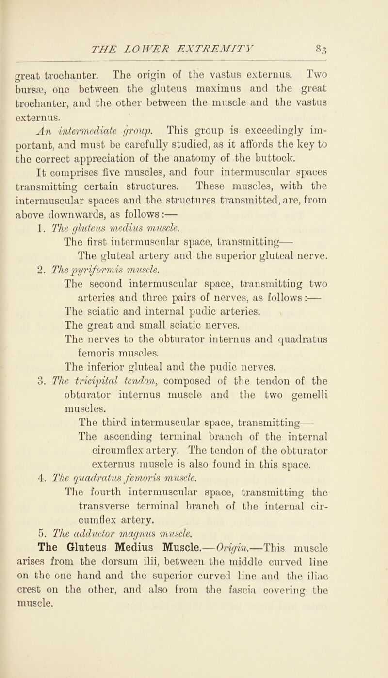 great trochanter. The origin of the vastus externus. Two O 0 bursas, one between the gluteus maximus and the great trochanter, and the other between the muscle and the vastus externus. An intermediate group. This group is exceedingly im- portant, and must be carefully studied, as it affords the key to the correct appreciation of the anatomy of the buttock. It comprises five muscles, and four intermuscular spaces transmitting certain structures. These muscles, with the intermuscular spaces and the structures transmitted, are, from above downwards, as follows :— 1. The gluteus medius muscle. The first intermuscular space, transmitting— The gluteal artery and the superior gluteal nerve. 2. The pyriformis muscle. The second intermuscular space, transmitting two arteries and three pairs of nerves, as follows :— The sciatic and internal pudic arteries. The great and small sciatic nerves. The nerves to the obturator internus and quadratus femoris muscles. The inferior gluteal and the pudic nerves. 3. The tricipital tendon, composed of the tendon of the obturator internus muscle and the two gemelli muscles. The third intermuscular space, transmitting— The ascending terminal branch of the internal circumflex artery. The tendon of the obturator externus muscle is also found in this space. 4. The quadratus femoris muscle. The fourth intermuscular space, transmitting the transverse terminal branch of the internal cir- cumflex artery. 5. The adductor maegnus muscle. The Gluteus Medius Muscle.—Origin.—This muscle arises from the dorsum ilii, between the middle curved line on the one hand and the superior curved line and the iliac crest on the other, and also from the fascia covering the muscle.