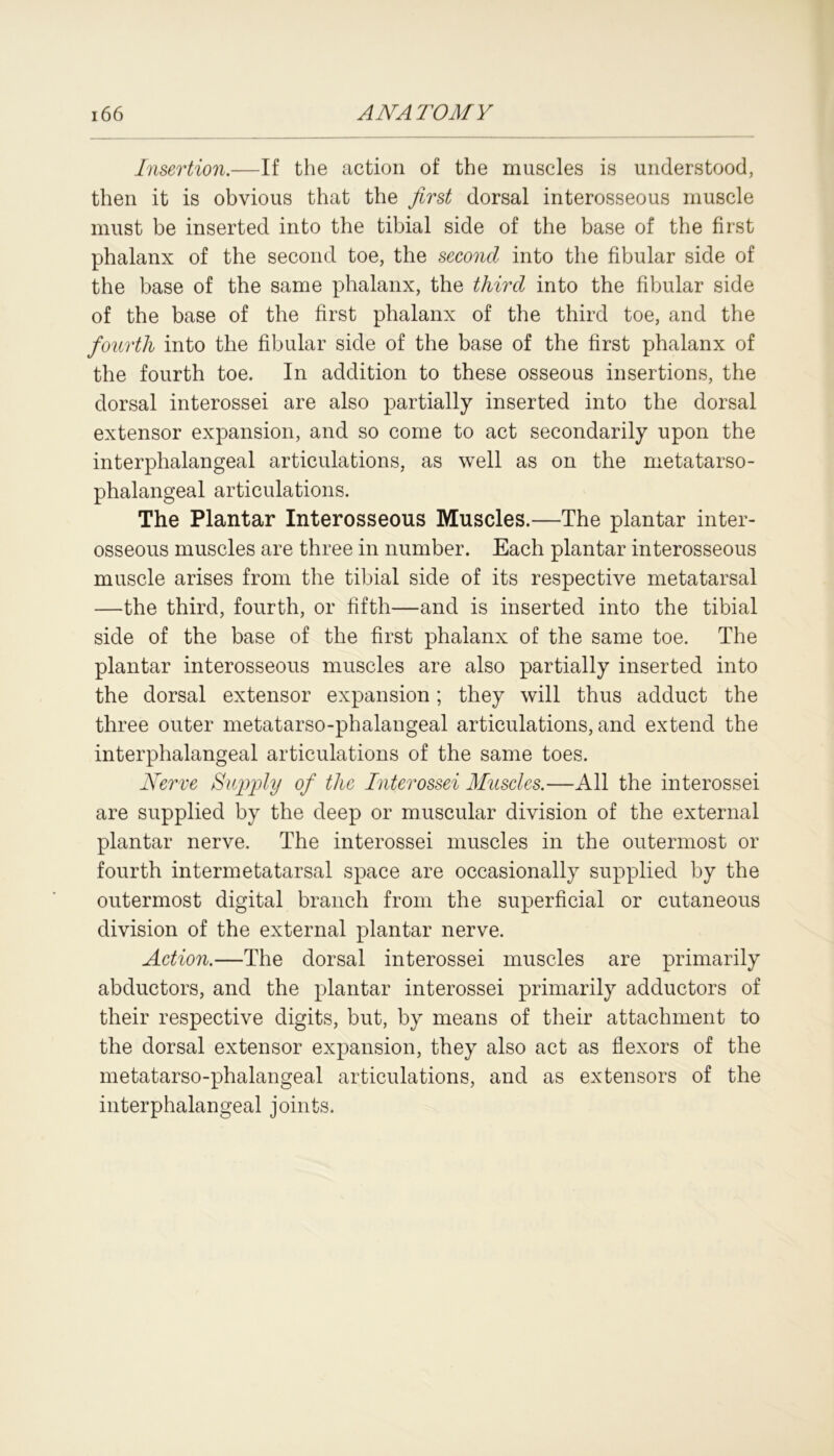 Insertion.—If the action of the muscles is understood, then it is obvious that the first dorsal interosseous muscle must be inserted into the tibial side of the base of the first phalanx of the second toe, the second into the fibular side of the base of the same phalanx, the third into the fibular side of the base of the first phalanx of the third toe, and the fourth into the fibular side of the base of the first phalanx of the fourth toe. In addition to these osseous insertions, the dorsal interossei are also partially inserted into the dorsal extensor expansion, and so come to act secondarily upon the interphalangeal articulations, as well as on the metatarso- phalangeal articulations. The Plantar Interosseous Muscles.—The plantar inter- osseous muscles are three in number. Each plantar interosseous muscle arises from the tibial side of its respective metatarsal —the third, fourth, or fifth—and is inserted into the tibial side of the base of the first phalanx of the same toe. The plantar interosseous muscles are also partially inserted into the dorsal extensor expansion; they will thus adduct the three outer metatarso-phalangeal articulations, and extend the interphalangeal articulations of the same toes. Nerve Supply of the Interossei Muscles.—All the interossei are supplied by the deep or muscular division of the external plantar nerve. The interossei muscles in the outermost or fourth intermetatarsal space are occasionally supplied by the outermost digital branch from the superficial or cutaneous division of the external plantar nerve. Action.—The dorsal interossei muscles are primarily abductors, and the plantar interossei primarily adductors of their respective digits, but, by means of their attachment to the dorsal extensor expansion, they also act as flexors of the metatarso-phalangeal articulations, and as extensors of the interphalangeal joints.