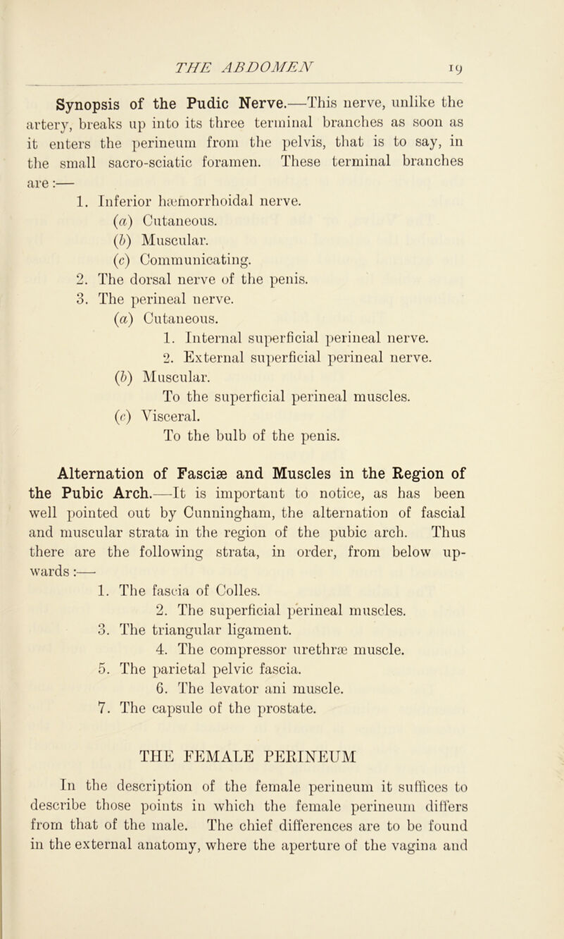 Synopsis of the Pudic Nerve.—This nerve, unlike the artery, breaks up into its three terminal branches as soon as it enters the perineum from the pelvis, that is to say, in the small sacro-sciatic foramen. These terminal branches are:— 1. Inferior haemorrhoidal nerve. (a) Cutaneous. (b) Muscular. (c) Communicating. 2. The dorsal nerve of the penis. 3. The perineal nerve. (a) Cutaneous. 1. Internal superficial perineal nerve. 2. External superficial perineal nerve. (b) Muscular. To the superficial perineal muscles. (c) Visceral. To the bulb of the penis. Alternation of Fasciae and Muscles in the Region of the Pubic Arch.—It is important to notice, as has been well pointed out by Cunningham, the alternation of fascial and muscular strata in the region of the pubic arch. Thus there are the following strata, in order, from below up- wards :— 1. The fascia of Colies. 2. The superficial perineal muscles. 3. The triangular ligament. 4. The compressor urethrae muscle. 5. The parietal pelvic fascia. 6. The levator ani muscle. 7. The capsule of the prostate. THE FEMALE PERINEUM In the description of the female perineum it suffices to describe those points in which the female perineum differs from that of the male. The chief differences are to be found in the external anatomy, where the aperture of the vagina and