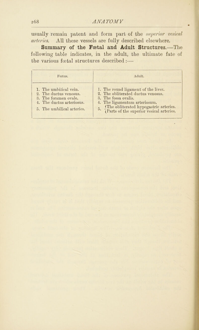 usually remain patent and form part of the superior vesical arteries. All these vessels are fully described elsewhere. Summary of the Foetal and Adult Structures.—The following table indicates, in the adult, the ultimate fate of the various foetal structures described :— Foetus. Adult. 1. The umbilical vein. 2. The ductus venosus. 3. The foramen ovale. 5. The umbilical arteries. 4. The ductus arteriosus. 1. The round ligament of the liver. 2. The obliterated ductus venosus. 3. The fossa ovalis. 4. The ligamentum arteriosum. r ^The obliterated hypogastric arteries. (Parts of the superior vesical arteries.