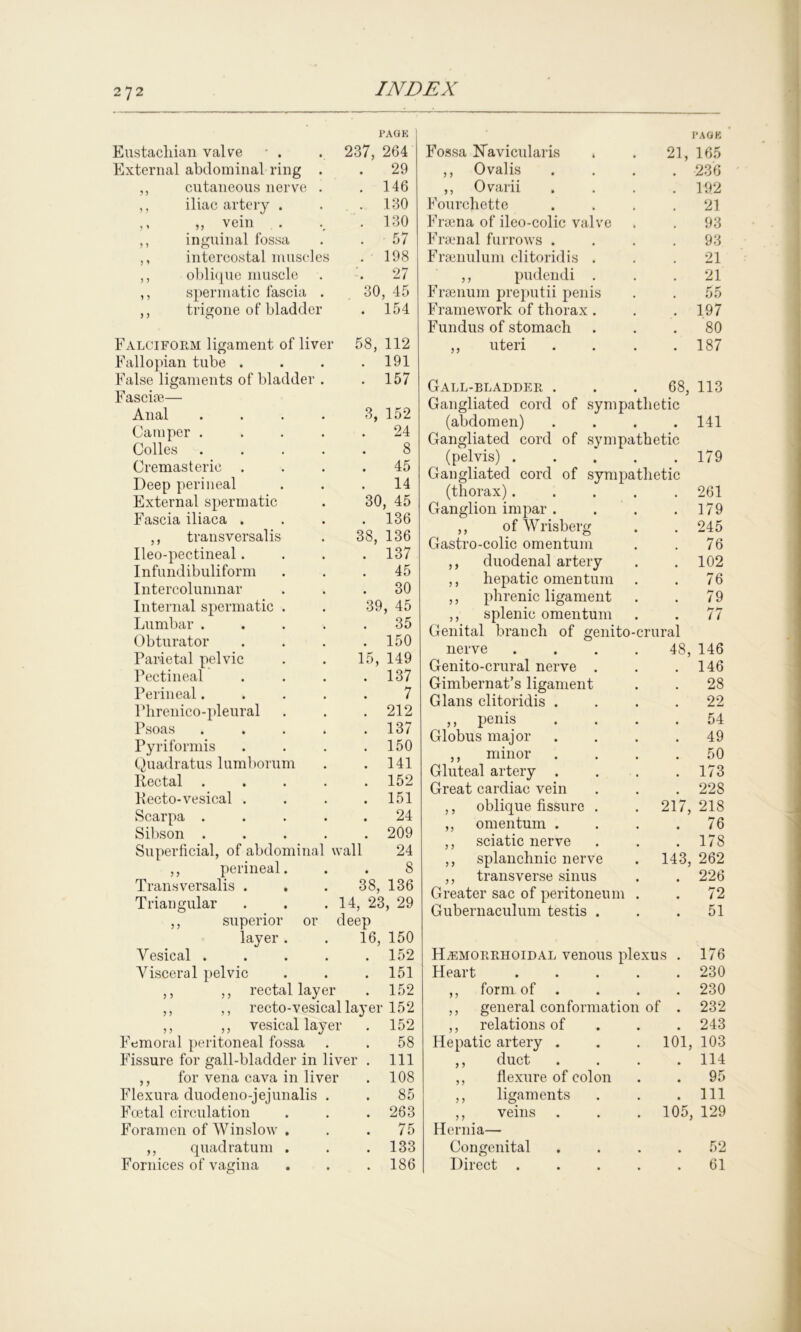 Eustachian valve * . PAGK 237, 264 External abdominal ring . 29 ,, cutaneous nerve . 146 ,, iliac artery . 130 ,1 „ vein , . 130 ,, inguinal fossa 5/ ,, intercostal muscles 198 ,, oblique muscle 27 ,, spermatic fascia . 30 , 45 ,, trigone of bladder • 154 Falciform ligament of liver 58, 112 Fallopian tube . • 191 False ligaments of bladder . • 157 Fascite— Anal .... 3, 152 Camper .... • 24 Colles .... • 8 Cremasteric . • 45 Deep perineal • 14 External spermatic 30, 45 Fascia iliaca . a 136 ,, transversalis 38, 136 Ileo-pectineal. • 137 Infundibuliform • 45 Intercolumnar 30 Internal spermatic . 39 , 45 Lumbar .... a 35 Obturator a 150 Parietal pelvic 15, 149 Pectineal a 137 Perineal.... a 7 Phrenico-pleural , 212 Psoas .... a 137 Pyriformis a 150 Quadratus lumborum a 141 Rectal .... • 152 Recto-vesical . • 151 Scarpa .... • 24 Sibson .... • 209 Superficial, of abdominal wall 24 ,, perineal. • 8 Transversalis . 38, 136 Triangular 14, 23, 29 ,, superior or layer . deep 16, 150 Vesical .... 152 Visceral pelvic 151 ,, ,, rectal layer 152 ,, ,, recto-vesical layei 152 ,, ,, vesical layer 152 Femoral peritoneal fossa 58 Fissure for gall-bladder in liver . 111 ,, for vena cava in livei 108 Flexura duodeno-jejunalis . 85 Foetal circulation 263 Foramen of AVinslow . 75 ,, quadratum . Fornices of vagina 133 186 Fossa FTavicularis 21, I’AGK 165 ,, Ovalis 236 ,, Ovarii 192 Fourchette 21 Frsena of ileo-colic valve 93 Frsenal furrows . 93 Frsenulum clitoridis . 21 ,, pudendi . 21 Frsenum preputii penis 55 Framework of thorax . 197 Fundus of stomach 80 ,, uteri 187 Gall-bladder . 68, 113 Gangliated cord of sympathetic (abdomen) .... 141 Gangliated cord of sympathetic (pelvis) 179 Gangliated cord of sympathetic (thorax)..... 261 Ganglion impar . • 179 ,, of AVTisberg a 245 Gastro-colic omentum 76 ,, duodenal artery a 102 ,, hepatic omentum a 76 ,, phrenic ligament 79 ,, splenic omentum • 77 Genital branch of genito-crural nerve .... 48, 146 Genito-crural nerve . 146 Gimbernat’s ligament a 28 Gians clitoridis . a 22 ,, penis • 54 Globus major • 49 ,, minor , 50 Gluteal artery . a 173 Great cardiac vein # 228 ,, oblique fissure . 217, 218 ,, omentum . a 76 ,, sciatic nerve a 178 ,, splanchnic nerve 143, 262 ,, transverse sinus • 226 Greater sac of peritoneum . • 72 Gubernaculum testis . • 51 Hemorrhoidal venous plexus . 176 Heart . . . . 230 ,, form of a 230 ,, general conformation of . 232 ,, relations of a 243 Hepatic artery . 101, 103 ,, duct • 114 ,, flexure of colon • 95 ,, ligaments • 111 ,, veins 105, 129 Hernia— Congenital 52 Direct . . . . 61