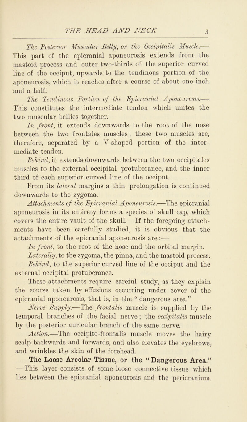 The Posterior Muscular Belly, or the Occipitalis Muscle,— This part of the epicranial aponeurosis extends from the mastoid process and outer two-thirds of the superior curved line of the occiput, upwards to the tendinous portion of the aponeurosis, which it reaches after a course of about one inch and a half. The Tendinous Portion of the Epicranial Aponeurosis.— This constitutes the intermediate tendon which unites the two muscular bellies together. In front, it extends downwards to the root of the nose between the two frontales muscles; these two muscles are, therefore, separated by a Y-shaped portion of the inter- mediate tendon. Behind, it extends downwards between the two occipitales muscles to the external occipital protuberance, and the inner third of each superior curved line of the occiput. From its lateral margins a thin prolongation is continued downwards to the zygoma. Attachments of the Epicranial Aponeurosis.—The epicranial aponeurosis in its entirety forms a species of skull cap, which covers the entire vault of the skull. If the foregoing attach- ments have been carefully studied, it is obvious that the attachments of the epicranial aponeurosis are:— In front, to the root of the nose and the orbital margin. Laterally, to the zygoma, the pinna, and the mastoid process. Behind, to the superior curved line of the occiput and the external occipital protuberance. These attachments require careful study, as they explain the course taken by effusions occurring under cover of the epicranial aponeurosis, that is, in the “ dangerous area.” Nerve Supply.—The frontalis muscle is supplied by the temporal branches of the facial nerve; the occipitalis muscle by the posterior auricular branch of the same nerve. Action.—The occipito-frontalis muscle moves the hairy scalp backwards and forwards, and also elevates the eyebrows, and wrinkles the skin of the forehead. The Loose Areolar Tissue, or the “ Dangerous Area.” —This layer consists of some loose connective tissue which lies between the epicranial aponeurosis and the pericranium.