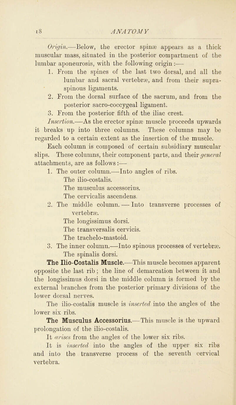 Origin.—Below, the erector spinae appears as a thick muscular mass, situated in the posterior compartment of the lumbar aponeurosis, with the following origin :— 1. From the spines of the last two dorsal, and all the lumbar and sacral vertebrae, and from their supra- spinous ligaments. 2. From the dorsal surface of the sacrum, and from the posterior sacro-coccygeal ligament. 3. From the posterior fifth of the iliac crest. Insertion.—As the erector spinae muscle proceeds upwards it breaks up into three columns. These columns may be regarded to a certain extent as the insertion of the muscle. Each column is composed of certain subsidiary muscular slips. These columns, their component parts, and their general attachments, are as follows :— 1. The outer column.—Into angles of ribs. The ilio-costalis. The musculus accessorius. The cervicalis ascendens. 2. The middle column. — Into transverse processes of vertebrae. The longissimus dorsi. The transversalis cervicis. The trachelo-mastoid. 3. The inner column.—Into spinous processes of vertebrae. The spinalis dorsi. The Ilio-Costalis Muscle.—This muscle becomes apparent opposite the last rib; the line of demarcation between it and the longissimus dorsi in the middle column is formed by the external branches from the posterior primary divisions of the lower dorsal nerves. The ilio-costalis muscle is inserted into the angles of the lower six ribs. The Musculus Accessorius.— This muscle is the upward prolongation of the ilio-costalis. It arises from the angles of the lower six ribs. It is inserted into the angles of the upper six ribs and into the transverse process of the seventh cervical vertebra.