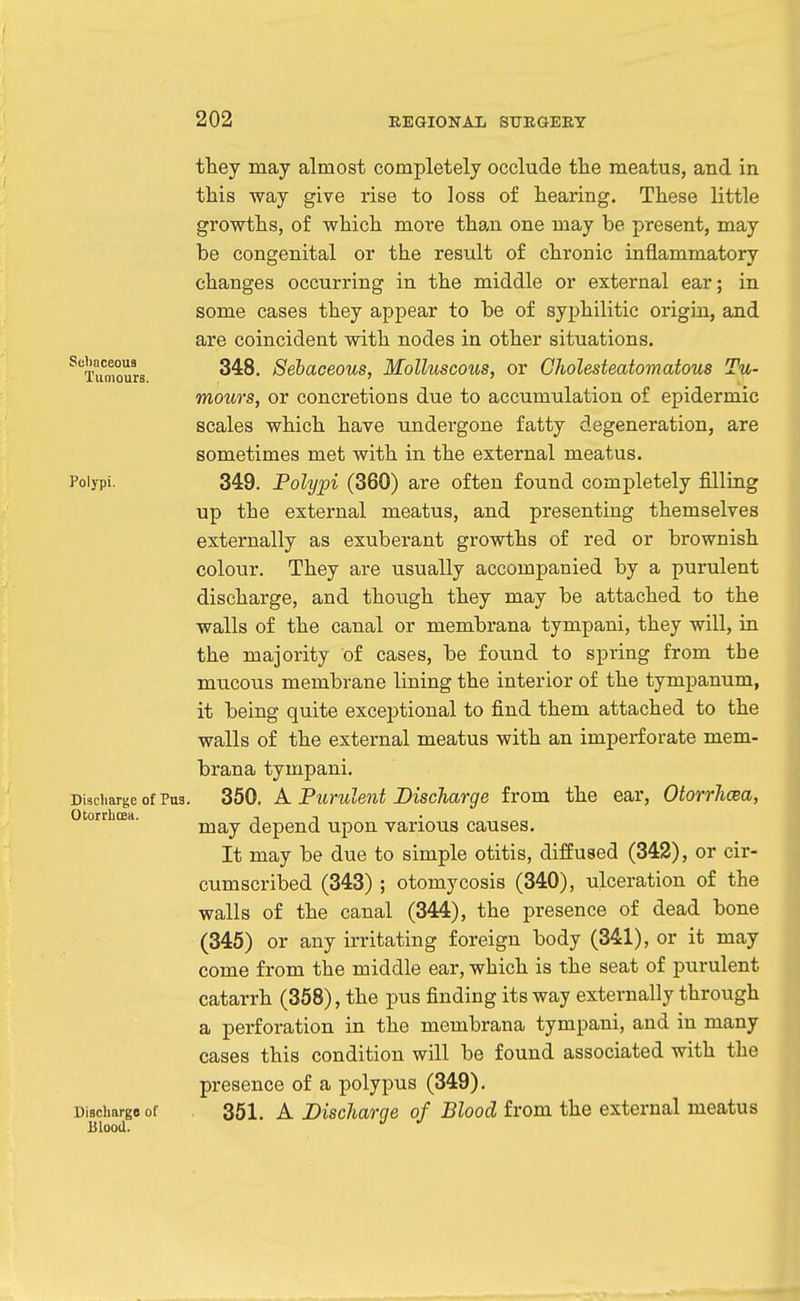 tliey may almost completely occlude the meatus, and in this way give rise to loss of hearing. These little growths, of which more than one may be present, may be congenital or the result of chronic inflammatory changes occurring in the middle or external ear; in some cases they appear to be of syi)hilitic origin, and are coincident with nodes in other situations. ^'^Tumours Sebuceous, Molluscous, or Gholesteatomatous Tu- mours, or concretions due to accumulation of epidermic scales which have undergone fatty degeneration, are sometimes met with in the external meatus. Polypi. 349. Polypi (360) are often found completely filling up the external meatus, and presenting themselves externally as exuberant growths of red or brownish colour. They are usually accompanied by a purulent discharge, and though they may be attached to the walls of the canal or membrana tympani, they will, in the majority of cases, be found to spring from the mucous membrane lining the interior of the tympanum, it being quite exceptional to find them attached to the walls of the external meatus with an imperforate mem- brana tympani. Discharge of Pus. 350. A Purulent Discharge from the ear, Otorrhcea, Otorrhcea. ^ -, may depend upon various causes. It may be due to simple otitis, diffused (342), or cir- cumscribed (343) ; otomycosis (340), ulceration of the walls of the canal (344), the presence of dead bone (345) or any irritating foreign body (341), or it may come from the middle ear, which is the seat of purulent catarrh (358), the pus finding its way externally through a perforation in the membrana tympani, and in many cases this condition will be found associated with the presence of a polypus (349). Discharge of 351. A Discharqe of Blood from the external meatus Blood.