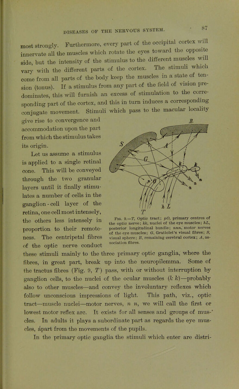 diseases of the nervous system. most strongly. Furthermore, every part of the occipital cortex will innervate all the muscles which rotate the eyes toward the opposite side, but the intensity of the stimulus to the different muscles will vary with the different parts of the cortex. The stimuli which come from all parts of the body keep the muscles in a state of ten- sion (tonus). If a stimulus from any part of the field of vision pre- dominates, this will furnish an excess of stimulation to the corre- sponding part of the cortex, and this in turn induces a corresponding conjugate movement. Stimuli which pass to the macular locality give rise to convergence and accommodation upon the part from which the stimulus takes its origin. Let us assume a stimulus is applied to a single retinal cone. This will be conveyed through the two granular layers until it finally stimu- lates a number of cells in the ganglion - cell layer of the retina, one cell most intensely, the others less intensely in proportion to their remote- ness. The centripetal fibres of the optic nerve conduct these stimuli mainly to the three primary optic ganglia, where the fibres, in great part, break up into the neuropilemma. Some of the tractus fibres (Fig. 9, T) pass, with or without interruption by ganglion cells, to the nuclei of the ocular muscles (k k)—probably also to other muscles—and convey the involuntary reflexes which follow unconscious impressions of light. This path, viz., optic tract—muscle nuclei—motor nerves, n n, we will call the first or lowest motor reflex arc. It exists for all senses and groups of mus-‘ cles. In adults it plays a subordinate part as regards the eye mus- cles, apart from the movements of the pupils. In the primary optic ganglia the stimuli which enter are distri- JT, Fig. 9.—T, Optic tract; pO, primary centres of the optic nerve; fcfc, nuclei of the eye muscles; hL, posterior longitudinal bundle; nnn. motor nerves of the eye muscles; O, Gratiolet’s visual fibres; S, visual sphere; R, remaining cerebral cortex; A, as- sociation fibres.