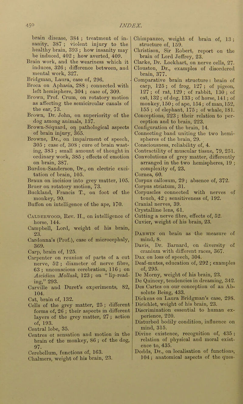 brain disease, 384 ; treatment of in- sanity, 387 ; violent injury to the healthy brain, 393 ; how insanity maj' be induced, 402 ; how averted, 409. Brain work, and the weariness which it induces, 326 ; difiference between, aud mental work, 327. Bridgman, Laura, case of, 296. Broca on Aphasia, 288 ; connected with left hemisphere, 304 ; case of, 309. Brown, Prof. Crum, on rotatory motion as affecting the semicircular canals of the ear, 73. Brown, Dr. John, on superiority of the dog among animals, 137. Brown-S4quard, on pathological aspects of brain injury, 365. Browne, Dr., on impairment of speech, 305 ; case of, 308 ; cure of brain wast^ ing, 383 ; small amount of thought in ordinary work, 385 ; effects of emotion on brain, 387. Burdon-Sanderson, Dr., on electric exci- tation of brain, 105. Braun on incision into grey matter, 105. Bruer on rotatory motion, 73. Buckland, Francis T., on foot of the monkey, 90. Buffon on intelligence of the ape, 170. Calderwood, E,ev. H., on intelligence of horse, 144. Campbell, Lord, weight of his brain, 23. Cardonna’s (Prof.), case of microcephaly, 369. Carp, brain of, 125. Carpenter on reunion of parts of a cut nerve, 52 ; diameter of nerve fibre, 63; unconscious cerebration, 116; on Ascidian MollusJc, 123; on “hp-read- ing,” 293. Carville and Duret’s experiments, 82, 104. Cat, brain of, 132. Cells of the grey matter, 25 ; different forms of, 26 ; their aspects in different layers of the grey matter, 27; action of, 193. Central lobe, 35. Centres ot sensation and motion in the brain of the monkey, 86 ; of the dog, 97. Cerebellum, functions of, 163. Chalmers, weight of his brain, 23. Chimpanzee, weight of brain of, 13; structure of, 159. Christison, Sir Robert, report on the hrain of Lord Jeffrey, 23. Clarke, Dr. Lockhart, on nerve cells, 27. Clouston, Dr., examples of disordered brain, 377. Comparative brain structure: brain of carp, 125; of frog, 127; of pigeon, 127 ; of rat, 129 ; of rabbit, 130 ; of cat, 132 ; of dog, 133; of horse, 141; of monkey, 150; of ape, 154; of man, 152, 155 ; of elephant, 175; of whale, 181. Conceptions, 223; their relation to per- ception and to hrain, 223. Configuration of the brain, 14. Connecting band uniting the two hemi- spheres of the brain, 29. Consciousness, reliability of, 4. Contractihty of muscular tissue, 79, 251. Convolutions of grey matter, differently arranged in the two hemispheres, 19 ; complexity of, 23. Cornea, 60. Corpus callosum, 29; absence of, 372. Corpus striatum, 31. Corpuscles connected with nerves of touch, 42 ; sensitiveness of, 192. Cranial nerves, 39. Crystalline lens, 61. Cutting a nerve fibre, effects of, 52. Cuvier, weight of his brain, 23. Darwin on brain as the measure of mind,- 8. Davis, Dr. Barnard, on diversity of cranium with different races, 367. Dax on loss of speech, 304. Deaf-mutes, education of, 292 ; examples of, 295. De Morny, weight of his hrain, 23. De Quincey, tendencies in dreaming, 342. Des Cartes on our conception of an Ab- solute Being, 433. Dickens on Laura Bridgman’s case, 298. Dirichlet, weight of his brain, 23. Discrimination essential to human ex- perience, 220. Disturbed bodily condition, influence on mind, 315. Divine existence, recognition of, 435 ; relation of physical and moral exist- ence to, 435. Dodds, Dr., on localisation of function.^, ] 04 ; anatomical aspects of the ques-