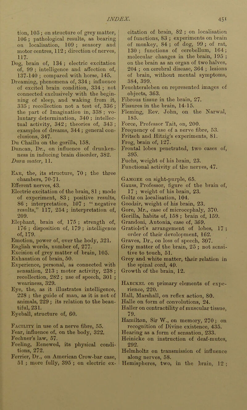 tion, 105; on structure of grey matter, 106 ; pathological results, as bearing on localisation, 109 ; sensory and motor centres, 112 ; direction of nerves, 117. I)og, brain of, 134; electric excitation of, 99 ; intelligence and affection of, 137-140 ; compared with horse, 145. Dreaming, phenomena of, 334 ; influence of excited brain condition, 334 ; not connected exclusively with the begin- ning of sleep, and waking from it, 335 ; recollection not a test of, 336 ; the part of Imagination in, 338 ; vo- luntary determination, 340 ; intellec- tual activity, 342; theories of, 343 ; examples of dreams, 344; general con- clusions, 347. Du Chaillu on the gorilla, 158. Duncan, Dr., on influence of drunken- ness in inducing brain disorder, 382. Dura mater, 11. Ear, the, its structure, 70 ; the three chambers, 70-71. Efferent nerves, 43. Electric excitation of the brain, 81 ; mode of experiment, 83 ; positive results, 86 ; interpretation, 107 ; “ negative results,” 117, 254; interpretation of, 209. Elej)hant, brain of, 175 ; strength of, 176 ; disposition of, 179 ; intelligepce of, 179. Emotion, power of, over the body, 321. English words, number of, 277. Excision of grey matter of brain, 105. Exhaustion of brain, 50. Exi^erience, personal, as connected with sensation, 213 ; motor activity, 238; recollection, 282; use of speech, 301 ; weariness, 329. Eye, the, as it illustrates intelligence, 228 ; the guide of man, as it is not of animals, 229; its relation to the beau- tiful, 231. Eyeball, structure of, 60. Facility in use of a nerve fibre, 55. Fear, influence of, on the body, 322. FechneFs law, 57. Feeling, llenewed, its physical condi- tions, 272. Ferriei-, Dr., on American Crow-bar case, 51 ; more fully, 395 ; on electric ex- citation of brain, 82 ; on localisation of functions, 83 ; experiments on brain of monkey, 84 ; of dog, 99 ; of rat, 130; functions of cerebellum, 164; molecular changes in the brain, 195 ; on the brain as an organ of two halves, 204 ; on cerebral disease, 364 ; lesions of brain, without mental symptoms, 384, 399. Feuchtersleben on represented images of objects, 363. Fibrous tissue in the brain, 27. Fissures in the brain, 14-15. Fleming, Kev. John, on the Narwal, 185. Force, Professor Tait, on, 200. Frequency of use of a nerve fibre, 53. Fritsch and Hitzig’s experiments, 81. Frog, brain of, 127. Frontal lobes penetrated, two cases of, 395. Fuchs, weight of his brain, 23. Functional activity of the ueryes, 47. Gamgee on sight-purple, 65. Gauss, Professor, figure of the brain of, 17 ; weight of his brain, 23. Golt? on localisation, 104. Goodsir, weight of his brain, 23, Gore, Mr., case of microcephaly, 370. Gorilla, habits of, 158 ; braip of, 159. Grandoni, Antonia, case of, 369, Gratiolet’s arrangement of lobes, 17 ; order of their development, 162. Graves, Dr., on loss of speech, 3Q7. Grey matter of the brain, 25 ; not sensi- tive to touch, 51. Grey and white matter, their relation in the spinal cord, 40. Growth of the brain, 12. Haeckel on primary elements of expe- rience, 220. Hall, Marshall, on reflex action, 80. Halle on form of convolutions, 24. Haller on contractility of muscular tissue, 79. Hamilton, Sir W., on memory, 270; on recognition of Divine existence, 435. Hearing as a form of sensation, 233. Heinicke on instruction of deaf-mutes, 292. Helmholtz on transmission of influence along nerves, 58. Hemispheres, two, in the brain, 12 ;