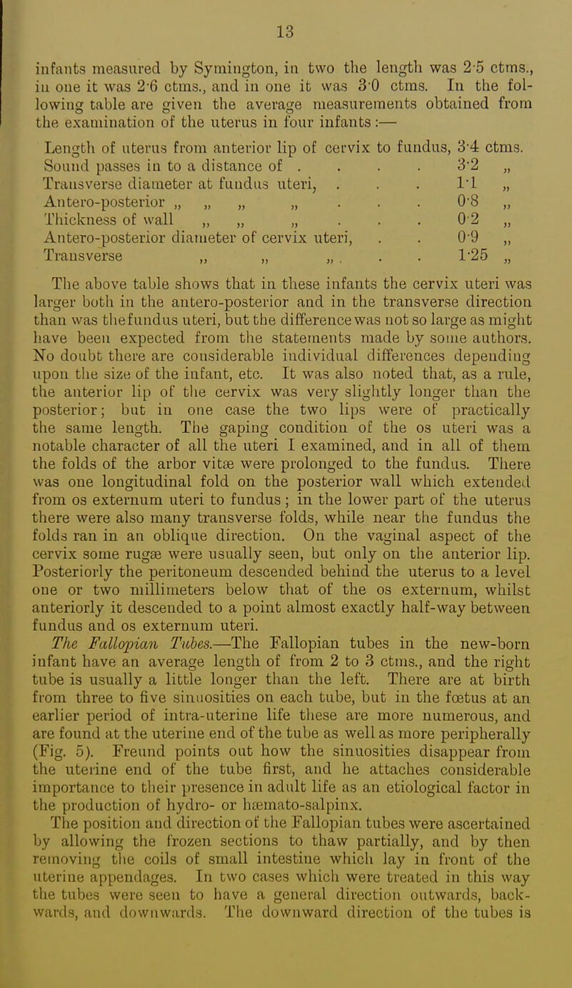 infants measured by Symington, in two the length was 2 5 ctms., iu one it was 2'6 ctms., and in one it was 30 ctms. In the fol- lowing table are given the average measurements obtained from the examination of the uterus in four infants:— Length of uterus from anterior lip of cervix to fundus, 3-4 ctms. Sound passes in to a distance of . . . . 32 „ Transverse diameter at fundus uteri, . . . I'l „ Antero-posterior „ „ „ „ . . . 0'8 „ Thickness of wall „ „ „ . . . 0 2 „ Antero-posterior diameter of cervix uteri, . . 0'9 „ Transverse „ „ „ . . . 1'25 „ The above table shows that in these infants the cervix uteri was larger both in the antero-posterior and in the transverse direction than was thefundus uteri, but the difference was not so large as might have been expected from the statements made by some authors. No doubt there are considerable individual differences depending upon tlie size of the infant, etc. It was also noted that, as a rule, the anterior lip of tlie cervix was very slightly longer than the posterior; but in one case the two lips were of practically the same length. The gaping condition of the os uteri was a notable character of all the uteri I examined, and in all of them the folds of the arbor vitse were prolonged to the fundus. There was one longitudinal fold on the posterior wall which extended from OS externum uteri to fundus; in the lower part of the uterus there were also many transverse folds, while near the fundus the folds ran in an oblique direction. On the vaginal aspect of the cervix some rugge were usually seen, but only on the anterior lip. Posteriorly the peritoneum descended behind the uterus to a level one or two millimeters below that of the os externum, whilst anteriorly it descended to a point almost exactly half-way between fundus and os externum uteri. The Fallopian Tubes.—The Fallopian tubes in the new-born infant have an average length of from 2 to 3 ctms., and the right tube is usually a little longer than the left. There are at birth from three to five sinuosities on each tube, but in the foetus at an earlier period of intra-uteriue life tliese are more numerous, and are found at the uterine end of the tube as well as more peripherally (Fig. 5). Freund points out how the sinuosities disappear from the uterine end of the tube first, and he attaches considerable importance to their presence in adult life as an etiological factor in the production of hydro- or hsemato-salpinx. The position and direction of tlie Fallopian tubes were ascertained by allowing the frozen sections to thaw partially, and by then removing the coils of small intestine which lay in front of the uterine appendages. In two cases whicli were treated in this way tlie tubes were seen to have a general direction outwards, back- wards, and downwards. The downward direction of the tubes is