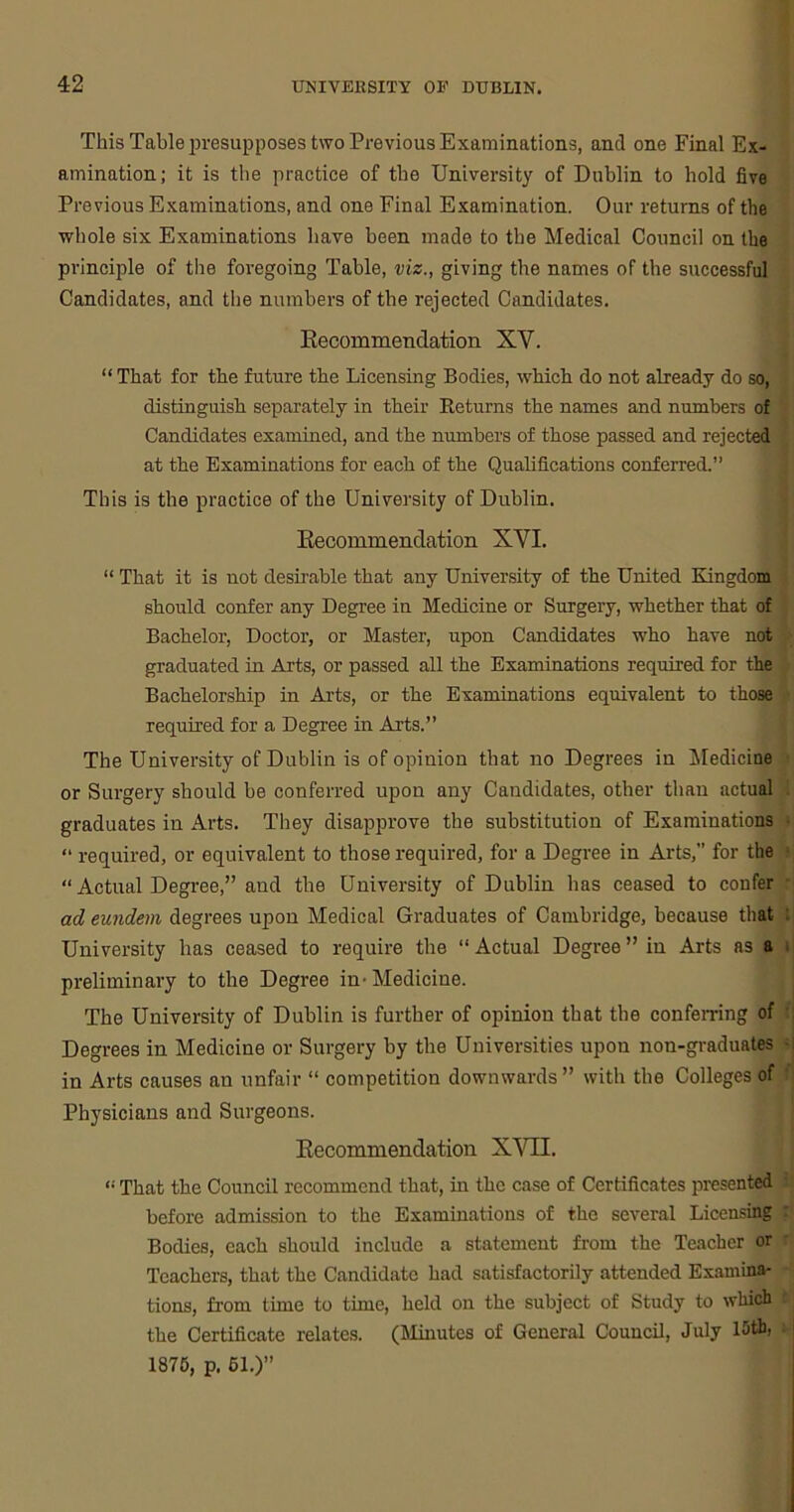 This Table presupposes two Previous Examinations, and one Final Ex- amination; it is the practice of the University of Dublin to hold five Previous Examinations, and one Final Examination. Our returns of the whole six Examinations have been made to the Medical Council on the principle of the foregoing Table, viz., giving the names of the successful Candidates, and the numbers of the rejected Candidates. Recommendation XY. “That for the future the Licensing Bodies, which do not already do so, distinguish separately in their Returns the names and numbers of Candidates examined, and the numbers of those passed and rejected at the Examinations for each of the Qualifications conferred.” This is the practice of the University of Dublin. Recommendation XYI. “ That it is not desirable that any University of the United Kingdom should confer any Degree in Medicine or Surgery, whether that of Bachelor, Doctor, or Master, upon Candidates who have not graduated in Arts, or passed all the Examinations required for the Bachelorship in Arts, or the Examinations equivalent to those required for a Degree in Arts.” The University of Dublin is of opinion that no Degrees in Medicine or Surgery should be conferred upon any Candidates, other than actual graduates in Arts. They disapprove the substitution of Examinations “ required, or equivalent to those required, for a Degree in Arts,” for the “ Actual Degree,” and the University of Dublin has ceased to confer ad eundem degrees upon Medical Graduates of Cambridge, because that : University has ceased to require the “ Actual Degree ” in Arts as a preliminary to the Degree in-Medicine. The University of Dublin is further of opinion that the conferring of Degrees in Medicine or Surgery by the Universities upon non-graduates in Arts causes an unfair “ competition downwards” with the Colleges of Physicians and Surgeons. Recommendation XVII. <•' That the Council recommend that, in the case of Certificates presented before admission to the Examinations of the several Licensing r1 Bodies, each should include a statement from the Teacher or Teachers, that the Candidate had satisfactorily attended Examina- -• tions, from time to time, held on the subject of Study to which the Certificate relates. (Minutes of General Council, July 15tb, 1875, p. 61.)”