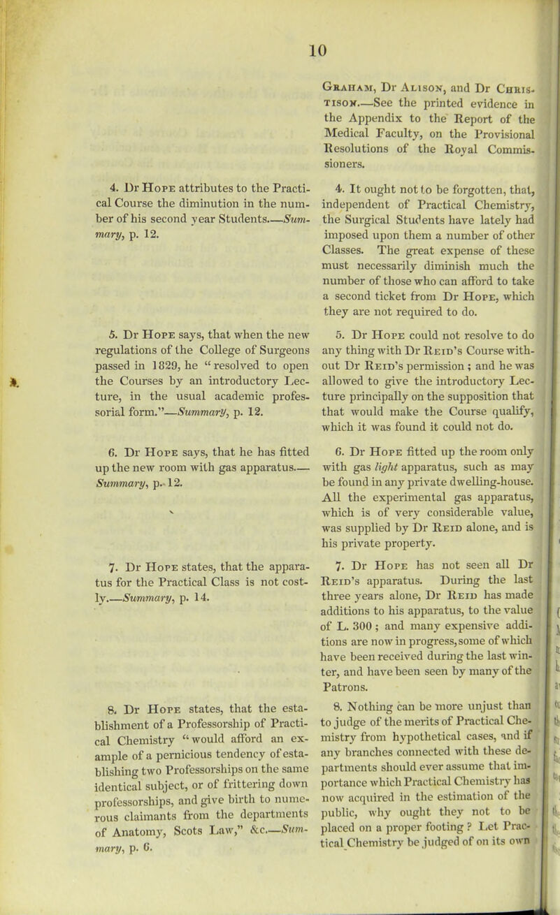 4. Dr Hope attributes to the Practi- cal Course the diminution in the num- ber of his second year Students—Sum- mary, p. 12. 5. Dr Hope says, that when the new regulations of the College of Surgeons passed in 1829, he “ resolved to open the Courses by an introductory Lec- ture, in the usual academic profes- sorial form.”—Summary, p. 12. 6. Dr Hope says, that he has fitted up the new room with gas apparatus— Summary, p.-12. 7. Dr Hope states, that the appara- tus for the Practical Class is not cost- ly Summary, p. 14. 8. Dr Hope states, that the esta- blishment of a Professorship of Practi- cal Chemistry “would afford an ex- ample of a pernicious tendency of esta- blishing two Professorships on the same identical subject, or of frittering down professorships, and give birth to nume- rous claimants from the departments of Anatomy, Scots Law,” &c—Sum- mary, p. e. Graham, Dr Alison, and Dr Chris- tison—See the printed evidence in the Appendix to the Report of the Medical Faculty, on the Provisional Resolutions of the Royal Commis- sioners. 4. It ought not to be forgotten, that, independent of Practical Chemistry, the Surgical Students have lately had imposed upon them a number of other Classes. The great expense of these must necessarily diminish much the number of those who can afford to take a second ticket from Dr Hope, which they are not required to do. 5. Dr Hope could not resolve to do any thing with Dr Reid’s Course with- out Dr Reid’s permission ; and he was allowed to give the introductory Lec- ture principally on the supposition that that would make the Course qualify, which it was found it could not do. 6. Dr Hope fitted up the room only with gas light apparatus, such as may be found in any private dwelling-house. All the experimental gas apparatus, which is of very considerable value, was supplied by Dr Reid alone, and is his private property. 7. Dr Hope has not seen all Dr Reid’s apparatus. During the last three years alone, Dr Reid has made additions to his apparatus, to the value of L. 300 ; and many expensive addi- tions are now in progress, some of which have been received during the last win- ter, and have been seen by many of the Patrons. 8. Nothing can be more unjust than to judge of the merits of Practical Che- mistry from hypothetical cases, and if any branches connected with these de- partments should ever assume that im- portance which Practical Chemistry has now acquired in the estimation of the public, why ought they not to be placed on a proper footing ? Let Prac- tical Chemistry be judged of on its own