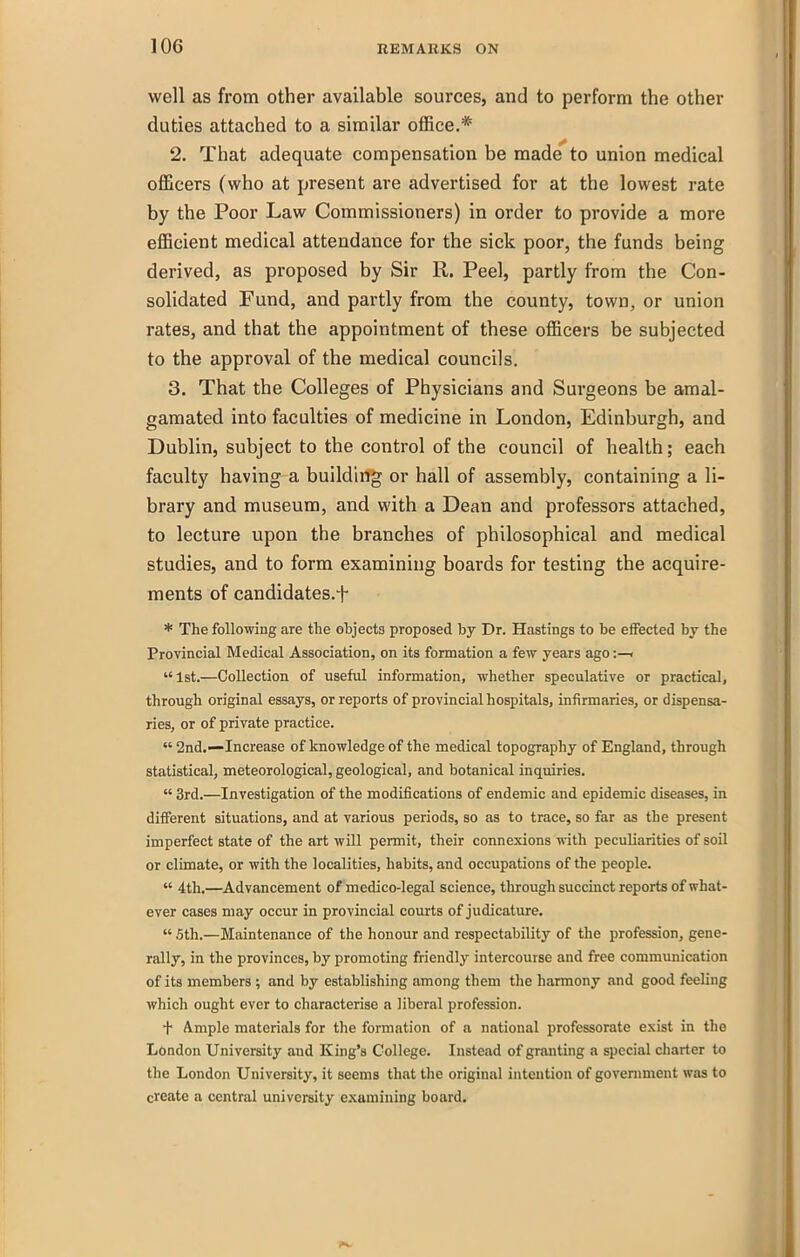 well as from other available sources, and to perform the other duties attached to a similar office.* 2. That adequate compensation be made to union medical officers (who at present are advertised for at the lowest rate by the Poor Law Commissioners) in order to provide a more efficient medical attendance for the sick poor, the funds being derived, as proposed by Sir R. Peel, partly from the Con- solidated Fund, and partly from the county, town, or union rates, and that the appointment of these officers be subjected to the approval of the medical councils. 3, That the Colleges of Physicians and Surgeons be amal- gamated into faculties of medicine in London, Edinburgh, and Dublin, subject to the control of the council of health; each faculty having a building or hall of assembly, containing a li- brary and museum, and with a Dean and professors attached, to lecture upon the branches of philosophical and medical studies, and to form examining boards for testing the acquire- ments of candidates.f * The following are the objects proposed by Dr. Hastings to be effected by the Provincial Medical Association, on its formation a few years ago:—< Ist.—Collection of useful information, whether speculative or practical, through original essays, or reports of provincial hospitals, infirmaries, or dispensa- ries, or of private practice.  2nd.—Increase of knowledge of the medical topography of England, through statistical, meteorological, geological, and botanical inquiries.  3rd.—Investigation of the modifications of endemic and epidemic diseases, in different situations, and at various periods, so as to trace, so far as the present imperfect state of the art will permit, their connexions with peculiarities of soil or climate, or with the localities, habits, and occupations of the people.  4th,—Advancement of medico-legal science, through succinct reports of what- ever cases may occur in provincial courts of judicature.  5th.—Maintenance of the honour and respectability of the profession, gene- rally, in the provinces, by promoting friendly intercourse and free communication of its members ; and by establishing among them tlie harmony and good feeling which ought ever to characterise a liberal profession. + Ample materials for the formation of a national professorate exist in the London University and King's College. Instead of granting a special charter to the London University, it seems that the original intention of govenmient was to create a central university examining board.