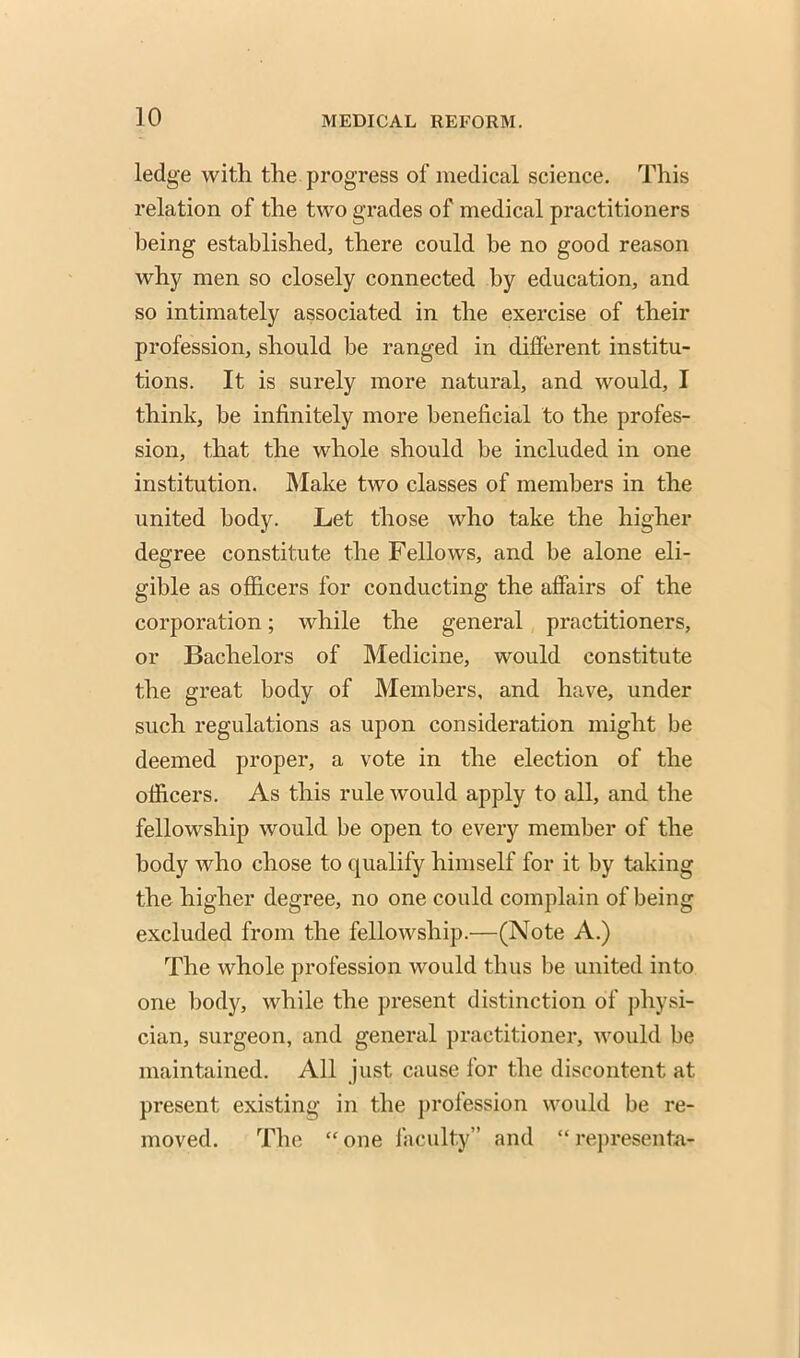 ledge with the progress of medical science. This relation of the two grades of medical practitioners being established, there could be no good reason why men so closely connected by education, and so intimately associated in the exercise of their profession, should be ranged in different institu- tions. It is surely more natural, and would, I think, be infinitely more beneficial to the profes- sion, that the whole should be included in one institution. Make two classes of members in the united body. Let those who take the higher degree constitute the Fellows, and be alone eli- gible as officers for conducting the affairs of the corporation; while the general practitioners, or Bachelors of Medicine, would constitute the great body of Members, and have, under such regulations as upon consideration might be deemed proper, a vote in the election of the officers. As this rule would apply to all, and the fellowship would be open to every member of the body who chose to qualify himself for it by taking the higher degree, no one could complain of being excluded from the fellowship.—(Note A.) The whole profession would thus be united into one body, while the present distinction of physi- cian, surgeon, and general practitioner, would be maintained. All just cause for the discontent at present existing in the profession would be re- moved. The one faculty and representa-