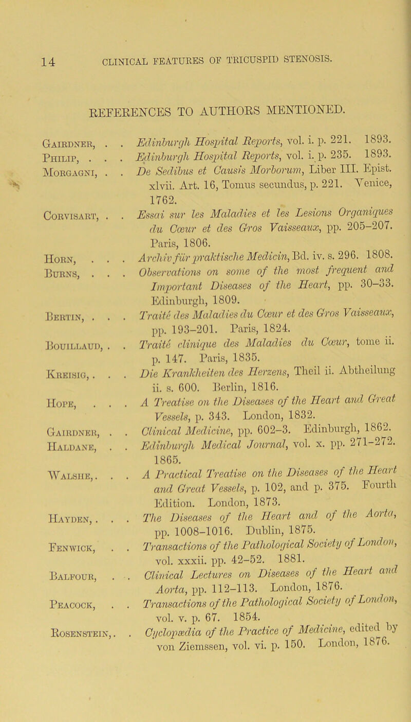 REFERENCES TO AUTHORS MENTIONED. Gairdner, . . Edinburfih Hospital Reports, vol. i. p. 221. 1893. Philip, . . . Edinhurf]li Hospital Reports, \o\. \. p. 1893. ]Morgagni, . . De Sedihus et Causis Morhoru7n, Liber III. Epist. xlvii. Art. 16, Tomus secuiidus, p. 221. A^enice, 1762. CoRvisART, . . Essui stir les Maladies et les Lesions Organvjues du Camr et des Chvs Vaisseaux, pp. 205-207. Paris, 1806. Horn, . . . Arcliivfiiri^ralctisclie Medicin,'Qi[.\\.s.‘it^^. 1808. Burns, . . . Observations on some of the most frequent and Impiortant Diseases of the Heart, pp. 30—o3. Edinburgh, 1809. Beutin, . . . Traite des Maladies du Cosur et des Gros Vaisseaux, pp. 193-201. Paris, 1824. liouiLLAUi), . . Traite rlinique des Maladies du Cosur, tome ii. p. 147. Paris, 1835. Xreisio, . . . Die Kranldieiten des Herzens, Theil ii. Abtheiluiig ii. s. 600. Berlin, 1816. Hope, ... A Treatise on the Diseases of the Heai't and Great Vessels, p. 343. London, 1832. Gaironer, . . Clinical Medicine, pp. 602—3. Edinburgh, 1®®^' Haldane, . . Edinbunjh Medical Journal, vol. x. pp. 271-272. 1865.' AValsiie, ... a Practical Treatise on the Diseases of the Heart and Great Vessels, p. 102, and p. 375. Fourth Edition. London, 1873. Hayden,. . . The Diseases of the Heart and of the Aorta, pp. 1008-1016. Dublin, 1875. Fenwick, . . Transactions of the Pathological Society of London, vol. xxxii. pp. 42-52. 1881. Balfour, . . Clinical Lectures on Diseases of the Heart and Aorta, pp. 112-113. London, 18 <6. Peacock, . . Transactions of the Pathological Society of London, vol. V. p. 67. 1854. Rosenstein, . . Cyclopaedia of the Practice of Medicine, edited by von Ziemssen, vol. vi. p. 150. London, 1816.