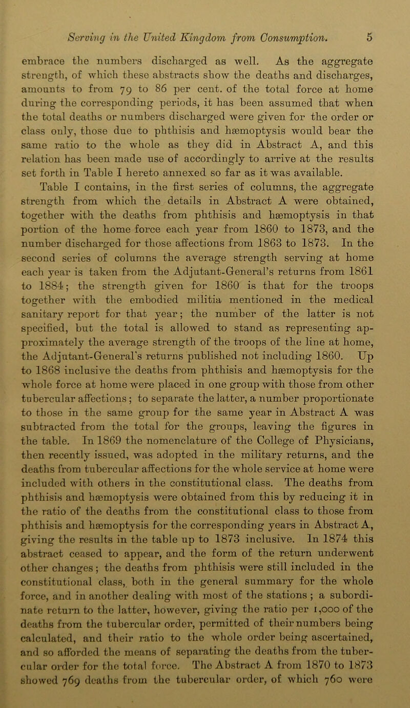 embrace tlie numbers discharged as well. As the aggregate strength, of which these abstracts show the deaths and discharges, amounts to from 79 to 86 per cent, of the total force at home during the corresponding periods, it has been assumed that when the total deaths or numbers discharged were given for the order or class only, those due to phthisis and haemoptysis would bear the same ratio to the whole as they did in Abstract A, and this relation has been made use of accordingly to arrive at the results set forth in Table I hereto annexed so far as it was available. Table I contains, in the first series of columns, the aggregate strength from which the details in Abstract A were obtained, together with the deaths from phthisis and hsemoptysis in that portion of the home foi’ce each year from 1860 to 1873, and the number discharged for those affections from 1863 to 1873. In the second series of columns the average strength serving at home each year is taken from the Adjutant-General’s returns from 1861 to 1884; the strength given for 1860 is that for the troops together with the embodied militia mentioned in the medical sanitary report for that year; the number of the latter is not specified, but the total is allowed to stand as representing ap- proximately the average strength of the troops of the line at home, the Adjutant-General's returns published not including 1860. Up to 1868 inclusive the deaths from phthisis and haemoptysis for the whole force at home were placed in one group with those from other tubercular affections; to separate the latter, a number proportionate to those in the same group for the same year in Abstract A was subtracted from the total for the groups, leaving the figures in the table. In 1869 the nomenclature of the College of Physicians, then recently issued, was adopted in the military returns, and the deaths from tubercular affections for the whole service at home were included with others in the constitutional class. The deaths from phthisis and haemoptysis were obtained from this by reducing it in the ratio of the deaths from the constitutional class to those from phthisis and haemoptysis for the corresponding years in Abstract A, giving the results in the table up to 1873 inclusive. In 1874 this abstract ceased to appear, and the form of the return underwent other changes; the deaths from phthisis were still included in the constitutional class, both in the general summary for the whole force, and in another dealing with most of the stations ; a subordi- nate return to tlie latter, however, giving the ratio per 1,000 of the deaths from the tubercular order, permitted of their numbers being calculated, and their ratio to the whole order being ascertained, and so afforded the means of separating the deaths from the tuber- cular order for the total force. The Abstract A from 1870 to 1873 showed 769 deaths from the tubercular order, of which 760 wore