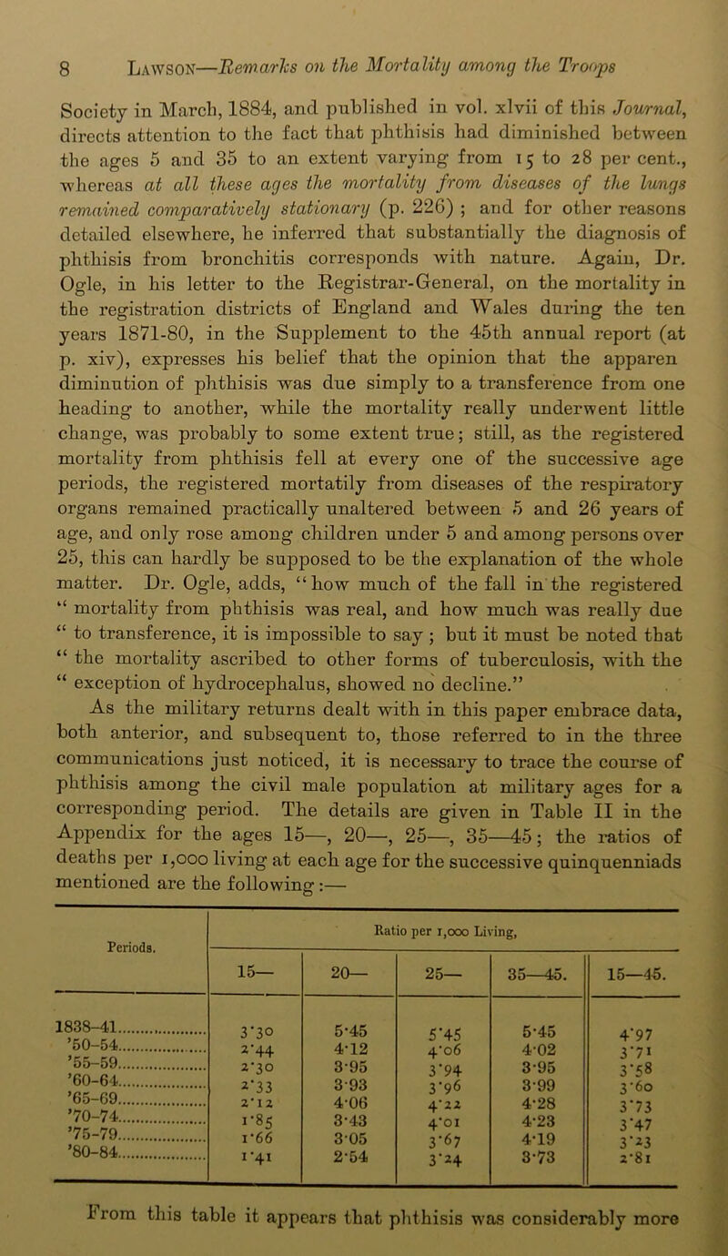 Society in March, 1884, and published in vol. xlvii of this Journal, directs attention to the fact that phthisis had diminished between the ages 5 and 35 to an extent varying from 15 to 28 per cent., whereas at all these ages the mortality from diseases of the lungs remained comparatively stationary (p. 22G) ; and for other reasons detailed elsewhere, he inferred that substantially the diagnosis of phthisis from bronchitis corresponds with nature. Again, Dr. Ogle, in his letter to the Registrar-General, on the mortality in the registration districts of England and Wales during the ten years 1871-80, in the Supplement to the 45th annual report (at p. xiv), expresses his belief that the opinion that the apparen diminution of phthisis was due simply to a transference from one heading to another, while the mortality really underwent little change, was probably to some extent true; still, as the registered mortality from phthisis fell at every one of the successive age periods, the registered mortatily from diseases of the respiratory organs remained practically unaltered between 5 and 26 years of age, and only rose among children under 5 and among persons over 25, this can hardly be supposed to be the explanation of the whole matter. Dr. Ogle, adds, “how much of the fall in the registered “ mortality from phthisis was real, and how much was really due “ to transference, it is impossible to say ; but it must be noted that “ the mortality ascribed to other forms of tuberculosis, with the “ exception of hydrocephalus, showed no decline.” As the military returns dealt with in this paper embrace data, both anterior, and subsequent to, those referred to in the three communications just noticed, it is necessary to trace the course of phthisis among the civil male population at military ages for a corresponding period. The details are given in Table II in the Appendix for the ages 15—, 20—, 25—, 35—45 ; the ratios of deaths per 1,000 living at each age for the successive quinquenniads mentioned are the following :— Periods. 1838-41. ’50-54. ’55-59. ’60-64. ’65-69. ’70-74. ’75-79. ’80-84. Ratio per 1,000 Living, 15— 20— 25— 35- 4d. 15—45. 3'3° 5-45 5 *45 5-45 4’9 7 2-44 4-12 4‘o6 4-02 3'/1 2-30 3-95 3‘94 395 3-58 2'33 393 3'96 399 3-60 2*12 4-06 4-22 4-28 3*73 i-85 3-43 4’oi 4-23 3‘47 i-66 305 3*67 4-19 3'23 I*4I 2-54 3‘24 3-73 2*8 1 I rom this table it appears that phthisis was considerably more