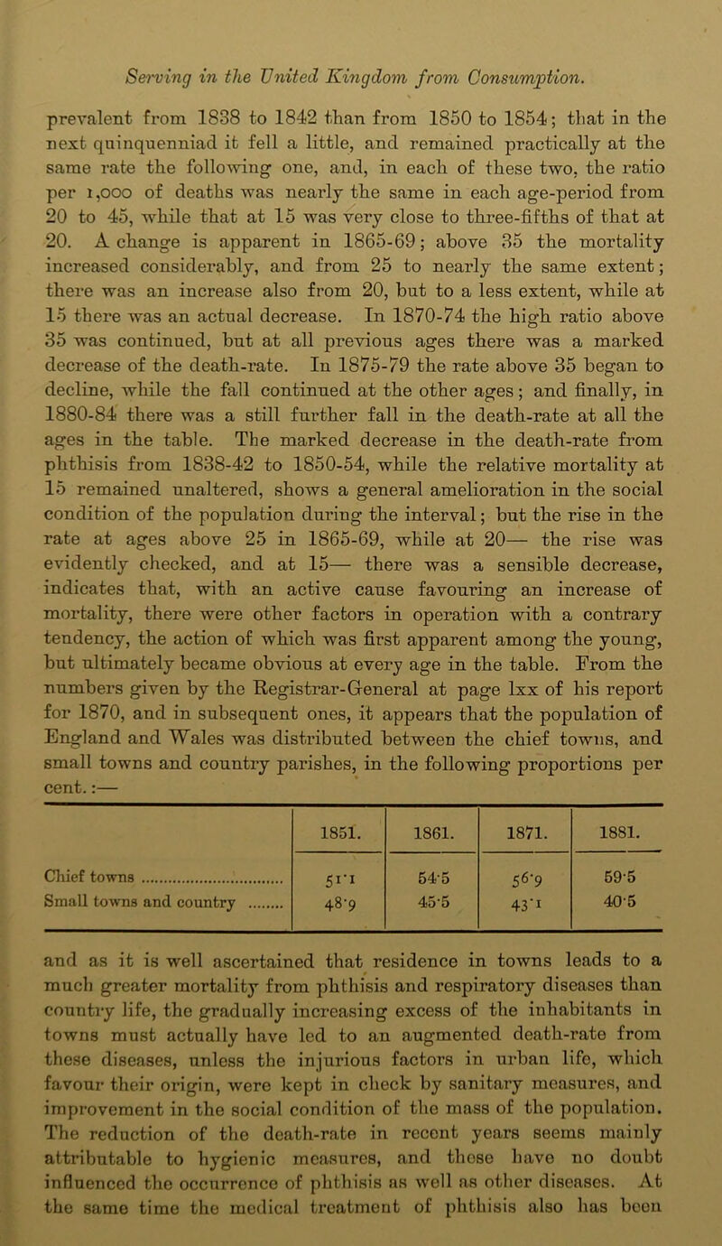 prevalent from 1838 to 1842 than from 1850 to 1854; that in the next quinquenniad it fell a little, and remained practically at the same rate the following one, and, in each of these two, the ratio per 1,000 of deaths was nearly the same in each age-period from 20 to 45, while that at 15 was very close to three-fifths of that at 20. A change is apparent in 1865-69; above 35 the mortality increased considerably, and from 25 to nearly the same extent; there was an increase also from 20, but to a less extent, while at 15 there was an actual decrease. In 1870-74 the high ratio above 35 was continued, but at all previous ages there was a marked decrease of the death-rate. In 1875-79 the rate above 35 began to decline, while the fall continued at the other ages; and finally, in 1880-84 there was a still further fall in the death-rate at all the ages in the table. The marked decrease in the death-rate from phthisis from 1838-42 to 1850-54, while the relative mortality at 15 remained unaltered, shows a general amelioration in the social condition of the population during the interval; but the rise in the rate at ages above 25 in 1865-69, while at 20— the rise was evidently checked, and at 15— there was a sensible decrease, indicates that, with an active cause favouring an increase of mortality, there were other factors in operation with a contrary tendency, the action of which was first apparent among the young’, but ultimately became obvious at every age in the table. From the numbers given by the Registrar-General at page lxx of his report for 1870, and in subsequent ones, it appears that the population of England and Wales was distributed between the chief towns, and small towns and country parishes, in the following proportions per cent.:— 1851. 1861. 1871. 1881. Chief towns 51'1 545 5 6‘9 595 Small towns and country 48-9 45'5 43*1 40-5 and as it is well ascertained that residence in towns leads to a much greater mortality from phthisis and respiratory diseases than country life, the gradually increasing excess of the inhabitants in towns must actually have led to an augmented death-rate from these diseases, unless the injurious factors in urban life, which favour their origin, were kept in check by sanitary measures, and improvement in the social condition of the mass of the population. The reduction of the death-rate in recent years seems mainly attributable to hygienic measures, and those have no doubt influenced the occurrence of phthisis as well as other diseases. At the same time the medical treatment of phthisis also has been