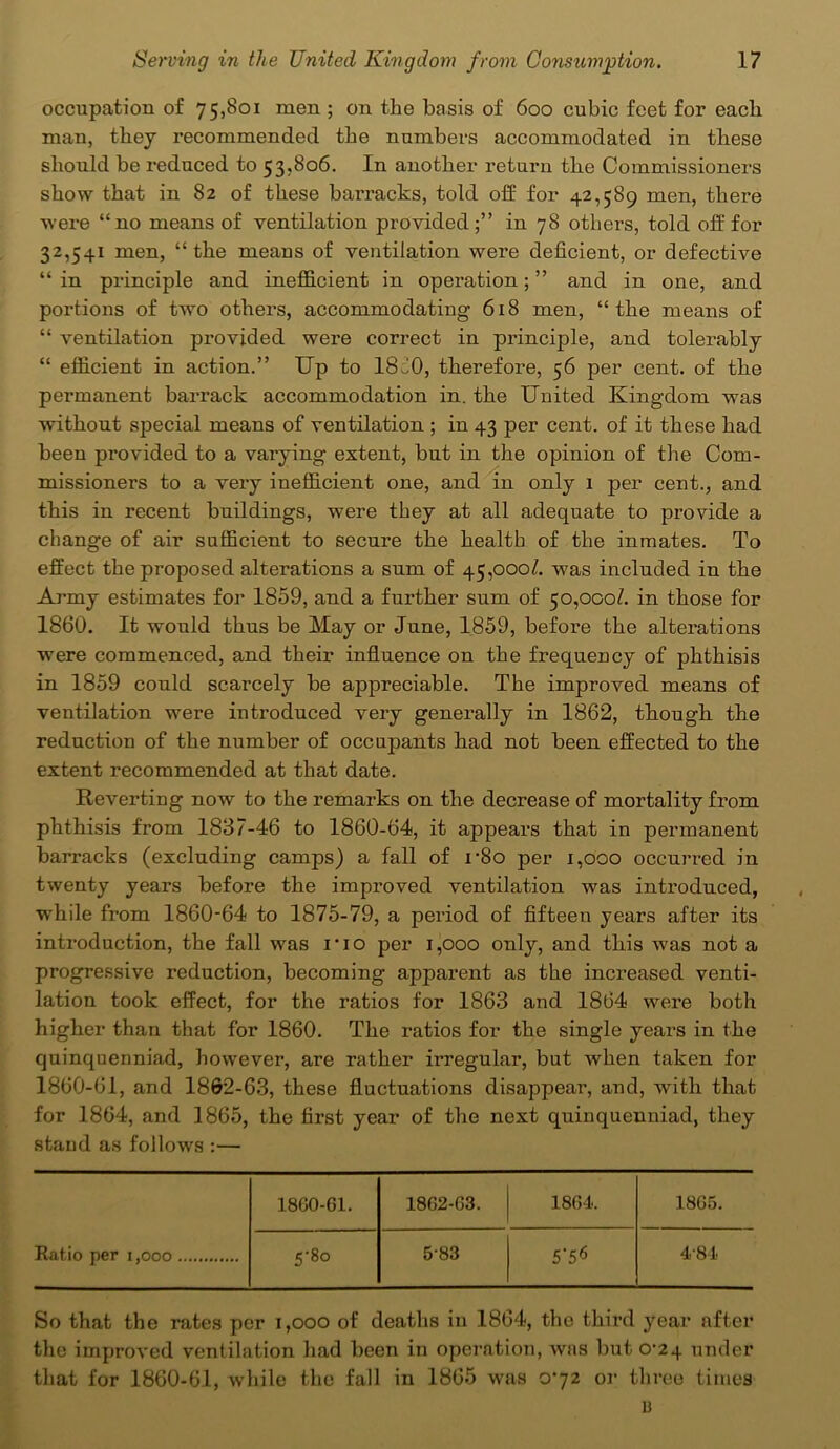 occupation of 75,801 men ; on the basis of 600 cubic feet for each man, they recommended the numbers accommodated in these should be reduced to 53,806. In another return the Commissioners show that in 82 of these barracks, told off for 42,589 men, there were “no means of ventilation provided;” in 78 others, told off for 32,541 men, “the means of ventilation were deficient, or defective “ in principle and inefficient in operation; ” and in one, and portions of two others, accommodating 618 men, “the means of “ ventilation provided were correct in principle, and tolerably “ efficient in action.” Up to 1860, therefore, 56 per cent, of the permanent barrack accommodation in. the United Kingdom was without special means of ventilation ; in 43 per cent, of it these had been provided to a varying extent, but in the opinion of the Com- missioners to a very inefficient one, and in only 1 per cent., and this in recent buildings, were they at all adequate to provide a change of air sufficient to secure the health of the inmates. To effect the proposed alterations a sum of 45,000/. was included in the Army estimates for 1859, and a further sum of 50,000/. in those for 1860. It would thus be May or June, 1859, before the alterations were commenced, and their influence on the frequency of phthisis in 1859 could scarcely be appreciable. The improved means of ventilation were introduced very generally in 1862, though the reduction of the number of occupants had not been effected to the extent recommended at that date. Reverting now to the remarks on the decrease of mortality from phthisis from 1837-46 to 1860-64, it appears that in permanent barracks (excluding camps) a fall of i‘8o per 1,000 occurred in twenty years before the improved ventilation was introduced, while from 1860-64 to 1875-79, a period of fifteen years after its introduction, the fall was no per 1,000 only, and this was not a progressive reduction, becoming apparent as the increased venti- lation took effect, for the ratios for 1863 and 1864 were both higher than that for 1860. The ratios for the single years in the quinquenniad, however, are rather irregular, but when taken for 1860-61, and 1862-63, these fluctuations disappear, and, with that for 1864, and 1865, the first year of the next quinquenniad, they stand as follows :— 1860-61. 1862-63. 1864. 1865. Ratio per 1,000 5-80 583 5'5* 4-84 So that the rates per 1,000 of deaths in 1864, the third year after the improved ventilation had been in operation, was but 0-24 under that for 1860-6.1, while the fall in 1865 was 072 or three times D