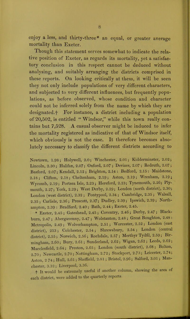 enjoy a less, and thirty-three* an equal, or greater average mortality than Exeter. Though this statement serves somewhat to indicate the rela- tive position of Exeter, as regards its mortality, yet a satisfac- tory conclusion in this respect cannot be deduced without analysing, and suitably arranging the districts comprised in these reports. On looking critically at them, it will be seen they not only include populations of very different characters, and subjected to very different influences, but frequently popu- lations, as before observed, whose condition and character could not be inferred solely from the name by which they are designated.f For instance, a district including a population of 20,502, is entitled “Windsor,” while this town really con- tains but 7,528. A casual observer might be induced to infer the mortality registered as indicative of that of Windsor itself, which obviously is not the case. It therefore becomes abso- lutely necessary to classify the different districts according to Newtown, 1.98; Holywell, 2.0; Winchester, 2.01; Kidderminster, 2.02; Lincoln, 2.30; Halifax, 2.07; Oxford, 2.07; Devizes, 2.07; Redruth, 2.07; Basford, 2.07; Kendall, 2.12 ; Brighton, 2.14 : Bedford, 2.15: Maidstone, 2.18; Clifton, 2.18; Cheltenham, 2.19; Aston, 2.19; Wrexham, 2.19; Wycomb, 2.19; Portsea Isle, 2.23; Hereford, 2.23; Tynemouth, 2.26; Ply- mouth, 2.27; York, 2.29; West Derby, 2.29; London (north district), 2.30; London (west district), 2.32 ; Pontypool, 2.34 ; Cambridge, 2.35 ; Walsall, 2.35; Carlisle, 2.36 ; Prescott, 2.37; Dudley, 2.39; Ipswich, 2.39 ; North- ampton, 2.39 : Bradford, 2.40 ; Bath, 2.44 ; Exeter, 2.45. * Exeter, 2.45; Gateshead, 2.45; Coventry, 2.46; Derby, 2.47; Black- burn, 2.47 ; Abergavenny, 2.47 ; Wolstanton, 2.48 ; Great Boughton, 2.48 : Metropolis, 2.49; Wolverhampton, 2.51; Worcester, 2.52 ; London (east district), 253 ; Colchester, 2.54; Shrewsbury, 2.54; London (central district), 2.55; Norwich, 2.56; Rochdale, 2.57 ; Merthyr Tydfil, 2.59; Bir- mingham, 2.60; Bury, 2.61 ; Sunderland, 2.62; Wigan, 2.62; Leeds, 2.62; Macclesfield, 2.64; Preston, 2.65; London (south district), 2.68; Bolton, 2.70; Newcastle, 2.70; Nottingham, 2.72; Stockport, 2.78; Leicester, 2.74; Aston, 2 74; Hull, 2.61; Sheffield, 2.81 ; Bristol, 2.96; Salford, 3.01 ; Man- chester, 3.32; Liverpool, 3.36. f It would be extremely useful if another column, showing the area of each district, were added to the quarterly reports.