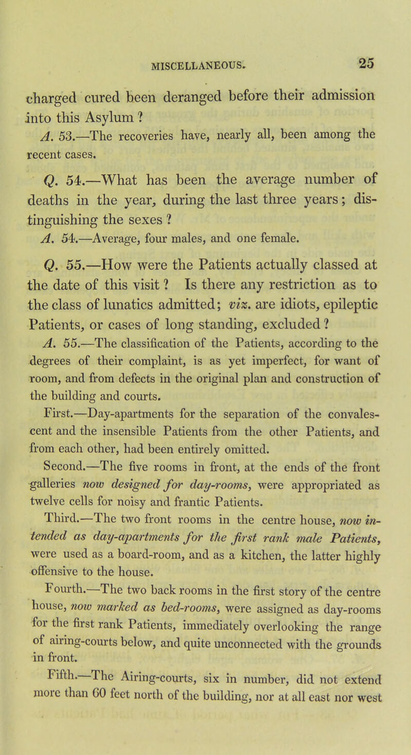 charged cured been deranged before their admission into this Asylum ? A. 53.—The recoveries have, nearly all, been among the recent cases. Q. 54.—What has been the average number of deaths in the year, during the last three years; dis- tinguishing the sexes ? A. 54.—Average, four males, and one female. Q. 55.—How were the Patients actually classed at the date of this visit ? Is there any restriction as to the class of lunatics admitted; viz. are idiots, epileptic Patients, or cases of long standing, excluded ? A. 55.—The classification of the Patients, according to the degrees of their complaint, is as yet imperfect, for want of room, and from defects in the original plan and construction of the building and courts. First.—Day-apartments for the separation of the convales- cent and the insensible Patients from the other Patients, and from each other, had been entirely omitted. Second.—The five rooms in front, at the ends of the front galleries now designed for day-rooms, were appropriated as twelve cells for noisy and frantic Patients. Third.—The two front rooms in the centre house, now in- tended as day-apartments for the first rank male Patients, were used as a board-room, and as a kitchen, the latter highly offensive to the house. Fourth.—The two backrooms in the first story of the centre house, now marked as bed-rooms, were assigned as day-rooms foi the first rank Patients, immediately overlooking the range of airing-courts below, and quite unconnected with the grounds in front. Fifth. The Airing-courts, six in number, did not extend moie than GO feet north of the building, nor at all east nor west