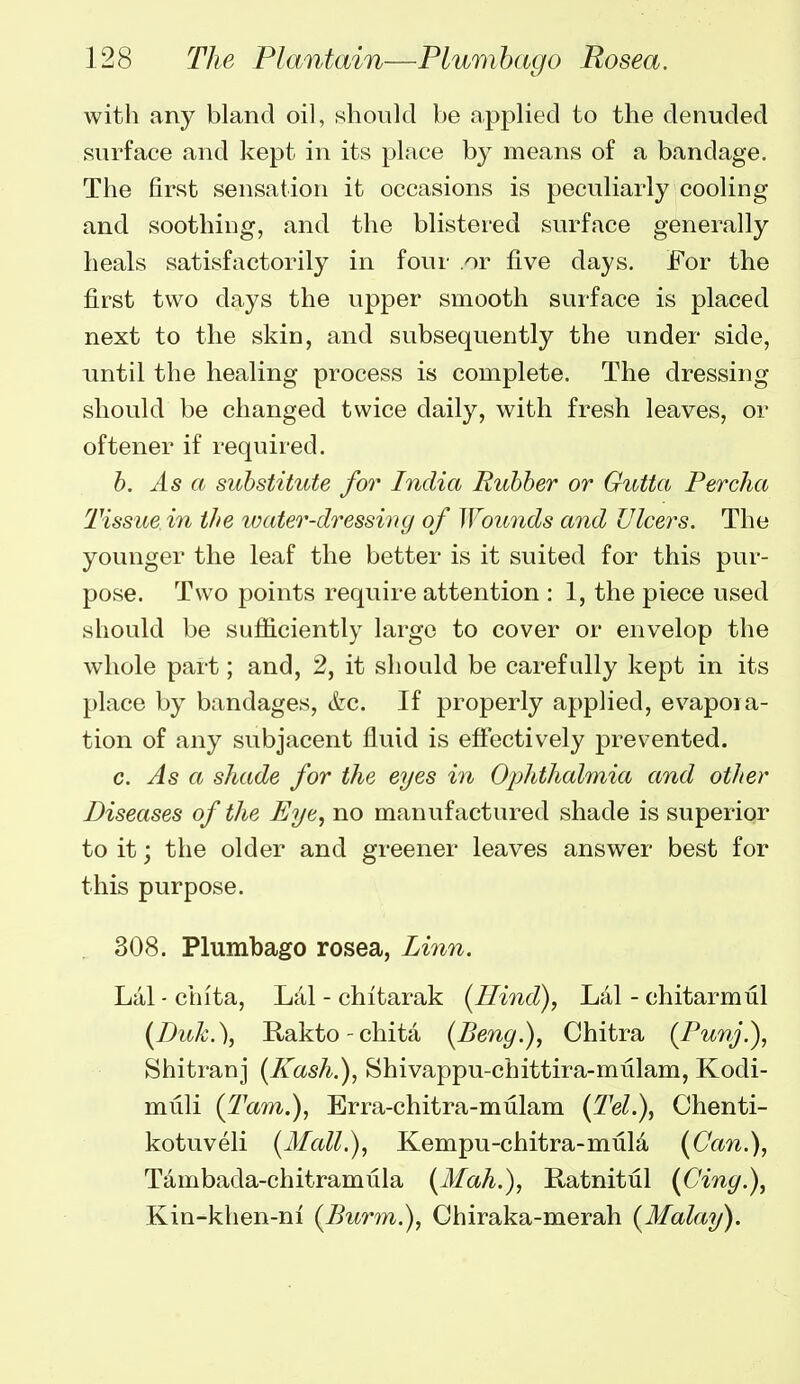 with any bland oil, should be applied to the denuded surface and kept in its place b}^ means of a bandage. The first sensation it occasions is peculiarly cooling and soothing, and the blistered surface generally heals satisfactorily in four or five days. For the first two days the upper smooth surface is placed next to the skin, and subsequently the under side, until the healing process is complete. The dressing should be changed twice daily, with fresh leaves, or oftener if required. b. As a substitute for India Rubber or Gutta Percha Tissue in the ivater-dressiny of Wounds and Ulcers. The younger the leaf the better is it suited for this pur- pose. Two points require attention : 1, the piece used should be sufficiently large to cover or envelop the whole part; and, 2, it should be carefully kept in its place by bandages, &c. If properly applied, evapoia- tion of any subjacent fluid is effectively prevented. c. As a shade for the eyes in Ophthalmia and other Diseases of the Eye, no manufactured shade is superior to it; the older and greener leaves answer best for this purpose. 308. Plumbago rosea. Linn. Lai - chita, Lai - chitarak {Hind), Lai - chitarmul (Buk.\ RaktO'chita (jjeng.), Chitra (Puvj.), Shitranj (Xash.), Shivappu-chittira-mtilam, Kodi- miili (Tarn.), Erra-chitra-mulam {Tel.), Chenti- kotuveli (Alall.), Kempu-chitra-muU (Can.), Tambada-chitramula {Mah.), Ratnitul (Cing.), Kin-klien-ni (Burm.), Chiraka-merah (Malay).