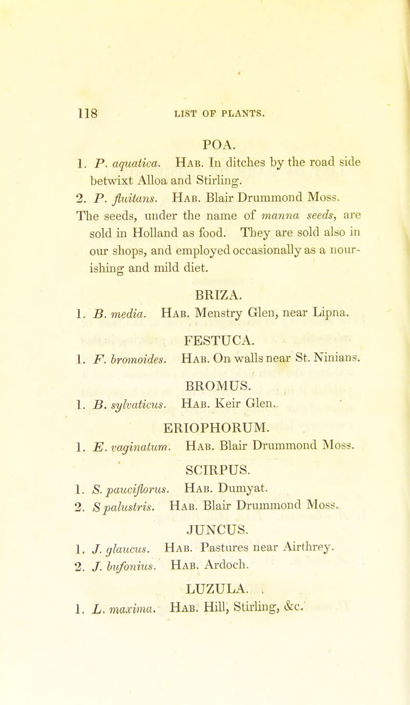i 118 LIST OF PLANTS. POA. 1. P. aquaiica. Hab. In ditches by the road side betwixt Alloa and Stirling, 2. P. fluitans. Hab. Blair Drummond Moss. The seeds, under the name of manna seeds, are sold in Holland as food. They are sold also in our shops, and employed occasionally as a nour- ishing and mild diet. BRIZA. 1. B. media. Hab. Menstry Glen, near Lipna. FESTUCA. 1. F. bromoides. Hab. On walls near St. Ninians. BROMUS. 1. B. sylvaticus. Hab. Keir Glen. ERIOPHORUM. 1. E. vaginatum. Hab. Blair Drummond Moss. SCIRPUS. 1. S. pauciflorus. Hab. Dumyat. 2. Spahistris. Hab. Blair Drummond Moss. JUNCUS. 1. J. glaucus. Hab. Pastures near Airthrey. 2. J. bufonius. Hab. Ardoch. LUZULA. . 1. L. maxima. Hab. Hill, StirUng, &c.