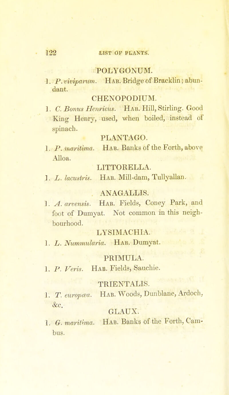 POLYGONUM. 1. P.viviparum. Hab. Bridge of Bracklin; abun- dant. CHENOPODIUM. 1. C. Bonus Henricus. Hab. Hill, Stirling. Good King Henry, used, when boiled, instead of spinach. PLANTAGO. 1. P. maritima. Hab. Banks of the Forth, above Alloa. LITTORELLA. ]. L.lacustris. Hab. Mill-dam, TuUyallan. ANAGALLIS. ]. A. arvensis. Hab. Fields, Coney Park, and foot of Dumyat. Not common in this neigh- bom-hood. LYSIMACHIA. 1. L. Nummularia. Hab. Dumyat. PRIMULA. 1. P. Feris. Hab. Fields, Sauchie. TRIENTALIS. 1. T. europcea. Hab. Woods, Dimblane, Ardoch, &c. GLAUX. 1. G. maritma. Hab. Banks of the Forth, Cam- bus.