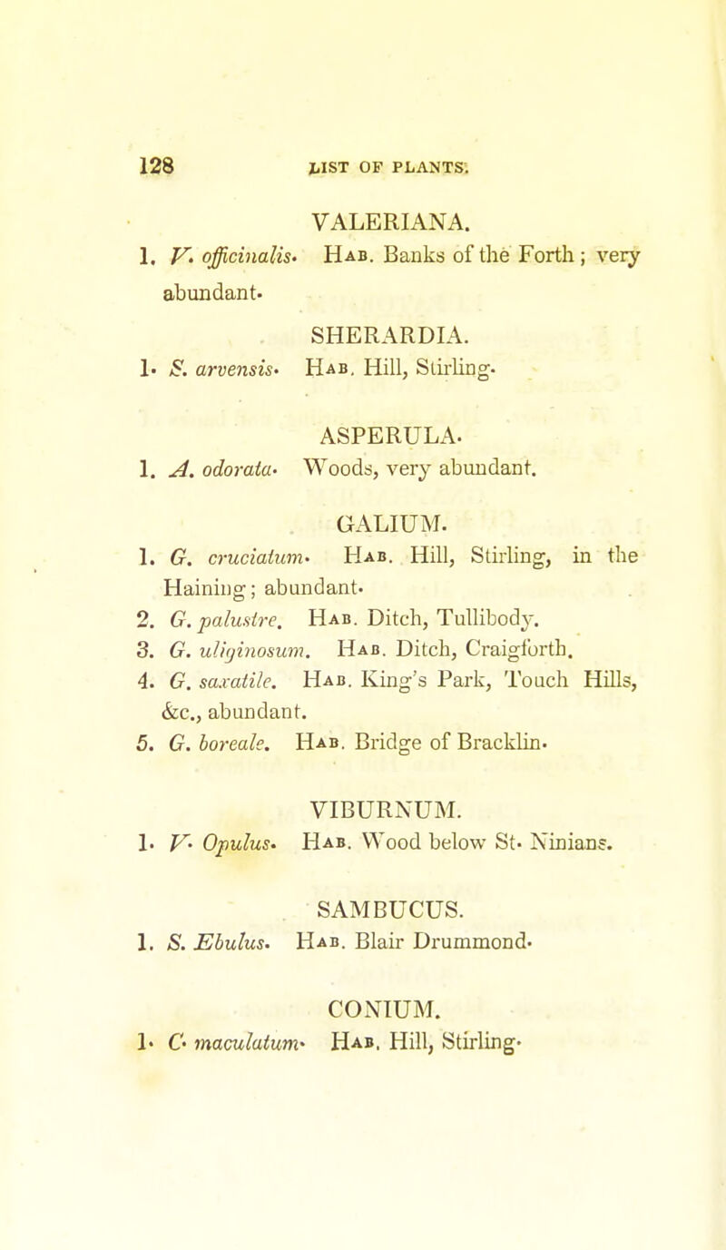 VALERIANA. 1. V' officinalis' Hab. Banks of the Forth ; very abundant. SHERARDIA. 1' S. arvensis' Hab, Hill, Slii-ling. ASPERULA. 1. odoraia- Woods, very abundant. GALIUM. 1. G. cruciaiuni' Hab. Hill, Sthiing, in the Hainiug; abundant. 2. G.paludre. Hab. Ditch, Tullibod3-. 3. G. uli(jinosum. Hab. Ditch, Craigtbrth. 4. G. saxatile. Hab. King's Park, Touch HiUs, (fee, abundant. 5. G. boreale. Hab. Bridge of Bracklin. VIBURNUM. 1. V' Opulus. Hab. Wood below St- Ninians. SAMBUCUS. 1. S. Ebulus. Hab. Blair Drummond. CONIUM. 1' C' maculaium' Hab. Hill, Sthiing-