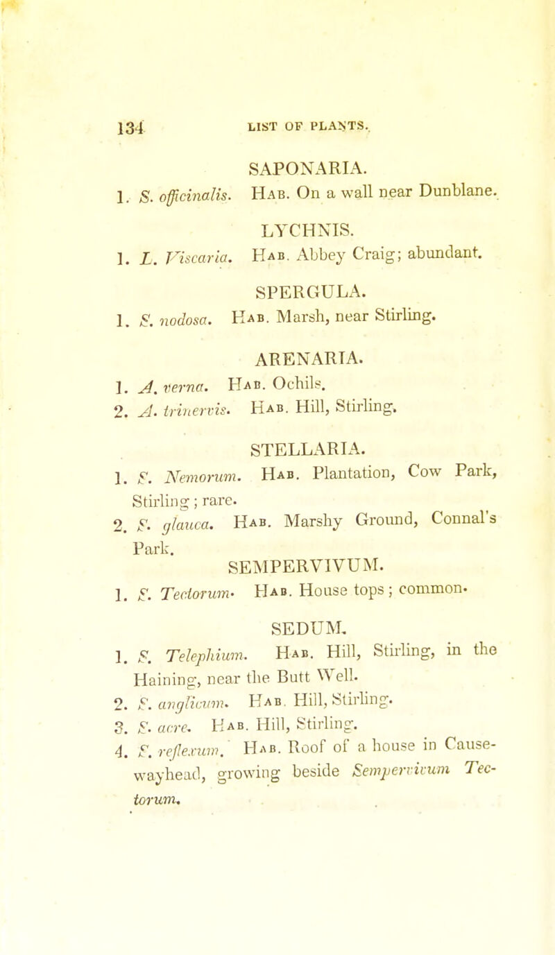 SAPONARIA. 1. /S. officinalis. Hab. On a wall near Dunblane. LYCHNIS. 1. L. Viscaria, Hab. Abbey Craig; abundant. SPERGULA. 1. 5*. nodosa. Hab. Marsh, near Stirling. ARENARIA. 1. J. verna. Hab. Ochils. 2. JJ. trinervis. Hab. Hill, Stirling. STELLARIA. 1. F. Nemorum. Hab. Plantation, Cow Park, Stirling; rare. 2. gkmca, Hab. Marshy Ground, Connal's Park. SEMPERVIVUM. 1. Teciorum- Hab. House tops ; common. SEDUM, 1. S. Tekphium. Hab. Hill, Stirling, in the Haining, near the Butt ^Yel!. 2. F.anglicimu Hab. Hill, SlirUng. 3. F. acre, Hab. Hill, Stirling. 4. F. relJexum. Hab. Roof of a house in Cause- wayhead, growing beside Semjjervivum Tec- torum.