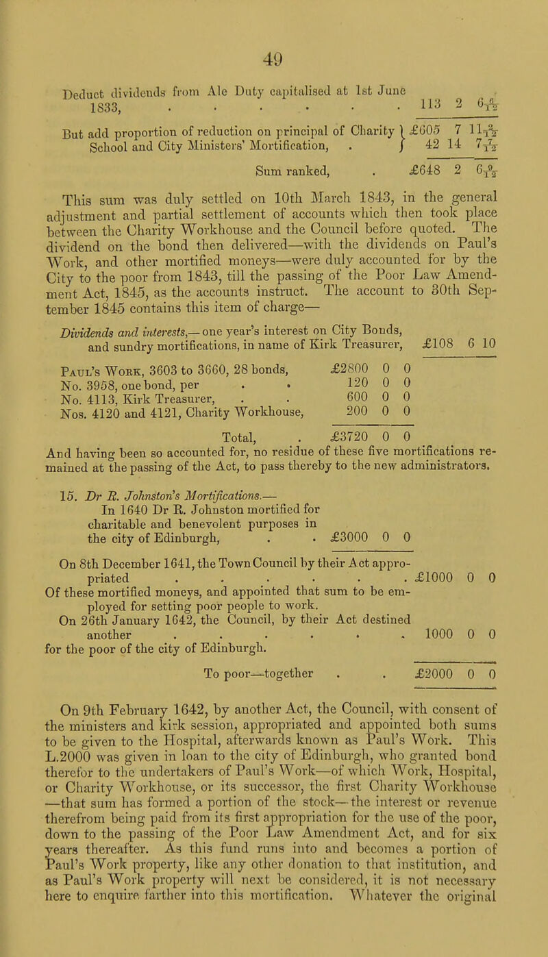 Deduct dividends from Ale Duty capitalised at 1st June 1833, H3 2 frg But add proportion of reduction on principal of Charity ) £005 7 1\ fa School and City Ministers' Mortification, . J 42 14 7-j^ Sum ranked, . £648 2 6^ This sum was duly settled on 10th March 1843, in the general adjustment and partial settlement of accounts which then took place between the Charity Workhouse and the Council before quoted. The dividend on the bond then delivered—with the dividends on Paul's Work, and other mortified moneys—were duly accounted for by the City to the poor from 1843, till the passing of the Poor Law Amend- ment Act, 1845, as the accounts instinct. The account to 30th Sep- tember 1845 contains this item of charge— Dividends and interests,—one year's interest on City Bonds, and sundry mortifications, in name of Kirk Treasurer, £108 6 10 Paul's Work, 3603 to 3660, 28 bonds, £2800 0 0 No. 3958, one bond, per . . 120 0 0 No. 4113, Kirk Treasurer, . . 600 0 0 Nos. 4120 and 4121, Charity Workhouse, 200 0 0 Total, . £3720 0 0 And having been so accounted for, no residue of these five mortifications re- mained at the passing of the Act, to pass thereby to the new administrators. 15. Dr E. Johnston's Mortifications.— In 1640 Dr R. Johnston mortified for charitable and benevolent purposes in the city of Edinburgh, . . £3000 0 0 On 8th December 1641, the Town Council by their Act appi-o- priated . . . . . £1000 0 0 Of these mortified moneys, and appointed that sum to be em- ployed for setting poor people to work. On 26th January 1642, the Council, by their Act destined another ...... 1000 0 0 for the poor of the city of Edinburgh. To poor—together . . £2000 0 0 On 9th February 1642, by another Act, the Council, with consent of the ministers and kirk session, appropriated and appointed both sums to be given to the Hospital, afterwards known as Paul's Work. This L.2000 was given in loan to the city of Edinburgh, who granted bond therefor to the undertakers of Paul's Work—of which Work, Hospital, or Charity Workhouse, or its successor, the first Charity Workhouse —that sum has formed a portion of the stock—the interest or revenue therefrom being paid from its first appropriation for the use of the poor, down to the passing of the Poor Law Amendment Act, and for six years thereafter. As this fund runs into and becomes a portion of Paul's Work property, like any other donation to that institution, and as Paul's Work property will next be considered, it is not necessary here to enquire farther into this mortification. Whatever the original