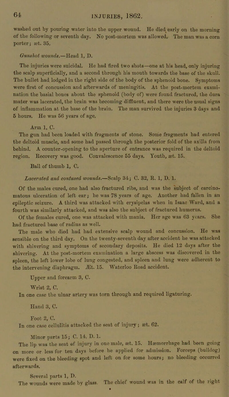 washed out by pouring water into the upper wound. He diedt early on the morning of the following or seventh day. No post-mortem was allowed. The man was a corn porter; act. 35. Gunshot wounds.—Head 1, D. The injuries were suicidal. He had fired two shots—one at his head, only injuring the scalp superficially, and a second through his mouth towards the base of the skull. The bullet had lodged in the right side of the body of the sphenoid bone. Symptoms were first of concussion and afterwards of meningitis. At the post-mortem exami- nation the basial bones about the sphenoid (body of) were found fractured, the dura mater was lacerated, the brain was becoming diffluent, and there were the usual signs of inflammation at the base of the brain. The man survived the injuries 3 days and 5 hours. He was 56 years of age. Arm 1, C. The gun had been loaded with fragments of stone. Some fragments had entered the deltoid muscle, and some had passed through the posterior fold of the axilla from behind. A counter-opening to the aperture of entrance was required in the deltoid region. Recovery was good. Convalescence 55 days. Youth, set. 15. Ball of thumb 1, C, Lacerated and contused wounds.—Scalp 34; C. 32, R. 1, D. 1. Of the males cured, one had also fractured ribs, and was the subject of carcino- matous ulceration of left ear; he was 78 years of age. Another had fallen in an epileptic seizure. A third was attacked with erysipelas when in Isaac Ward, and a fourth was similarly attacked, and was also the subject of fractured humerus. Of the females cured, one was attacked with mania. Her age was 63 years. She had fractured base of radius as well. The male who died had had extensive scalp wound and concussion. He was sensible on the third day. On the twenty-seventh day after accident he was attacked with shivering and symptoms of secondary deposits. He died 12 days after the shivering. At the post-mortem examination a large abscess was discovered in the spleen, the left lower lobe of lung congested, and spleen and lung were adherent to the intervening diaphragm. A3t. 15. Waterloo Road accident. Upper and forearm 3, C. Wrist 2, C. In one case the ulnar artery was torn through and required ligaturing. Hand 3, C, Foot 2, C, In one case cellulitis attacked the seat of injury; set. 62. Minor parts 15; C. 14, D. 1. The lip was the seat ©f injury in one male, set. 15. Haemorrhage had been going on more or less for ten days before he applied for admission. Forceps (bulldog) were fixed on the bleeding spot and left on for some hours; no bleeding occurred afterwards. Several parts 1, D. The wounds were made by glass. The chief wound was in the calf of the right