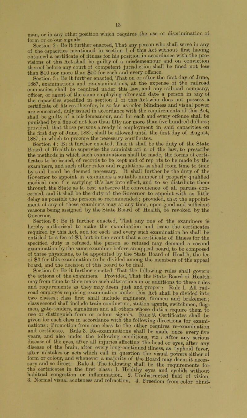 man, or in any other position which requires the use or discrimination of form or co'oiir signals. Section 2: Be it further enacted, That any person who shall serve in any of the capacities mentioned in section 1 of this Act without first having obtained a certificate of fitness for his position in accordance with the pro- visions of this Act shall be guilty of a misdemeanour and on conviction th^reof before any court of competent jurisdiction shall be fined not less than $10 nor more than $o0 for each and every offence. Section 3: Be it further enacted, That on or after the first day of June, 1887, examinations and re-examinations, at the expense of the railroad coraoanies, shall be required under this law, and any railroad company, officer, or agent of the sarao employing after said date a person in any of the capacities specified in section 1 of this Act who does not possess a certificate of fitness therefor, in so far as color blindness and visual power are concerned, duly issued in accordance with the requirements of this Act, shall be guilty of a misdemeanour, and for each and every offence shall be punished by a fine of not less than fifty nor more than five hundred dollars ; provided, that those persons already in employment in said capacities on the first day of June, 1887, shall be allowed until the first day of August, 1887, in which to procure the necessary certificates. Section 4 : Ba it further enacted. That it shall be the duty of the State B )ard of Health to supervise the administ ati n of the law, to prescribe the methods in which such examinations shall be made, the forms of certi- ficates to be issued, of records to be kept and of rep rts to be made by the exam'ners, and such other rules and regulations as shall from time to time by Slid board be deemed ne'essary. It shall further be the duty of the Governor to appoint as examiners a suitable number of properly qualified medical men f >r carrying th's law into effect, and to so distribute them through the State as to best subserve the convenience of all parties con- cerned, and it shall be the duty of the Governor to appoint with as little delay as possible the persons so recommended; provided, that the appoint- ment of any of these examiners may at any time, upon good and sufficient reasons being assigned by the State Board of Health, be revoked by the Governor. Section 6: Be it further enacted. That any one of the examiners is hereby authorised to make the examination and issue the certificates required by this Act, and for each and every such examination he shall be entitled to a fee of $3, but in the event that a certificate of fitness for the specified duty is refused, the person so refused may demand a second examination by the same examiner before an appeal board, to be composed of three physicians, to be appointed by the State Board of Health,- the fee of $3 for this examination to be divided among the members of the appeal board, and the decision of this board to be final. Section 6: Be it further enacted. That the following rules shall govern t'- e actions of the examiners. Provided, That the State Board of Health may from time to time make such alterations m or additions to these rules and requirements as they may deem just and proper: Rule 1. All rail- road employes requiring examination under this Act shall be divided into two classes; class first shall include engineers, firemen and brakemen; class second shall include train conductors, station agents, switchmen, flag- men, gate-tenders, signalmen and all others whose duties require them to use or distinguish form or colour signals. Rule 2. Certificates shall be given for each cla«s in accordance with the following directions for exami- nations ; Promotion from one class to the other requires re-examination and certificate. Rule 3. Re-examinations shall be made once every five years, and also under the following conditions, viz.: After any serious disease of the eyes, after all injuries affecting the head or eyes, after any disease of the brain, after every long-continued illness, as typhoid fever, after mistakes or acts which call in question the visual powers either of form or colour, and whenever a majority of the Board may deem it neces- sary and so direct. Rule 4. The following shall be the requirements for the certificates in the first class: 1. Healthy eyes and eyelids without habitual congestion or inflammation. 2. Unobstructed field of vision. 3. Normal visual acuteness and refraction. 4. Freedom from color blind-