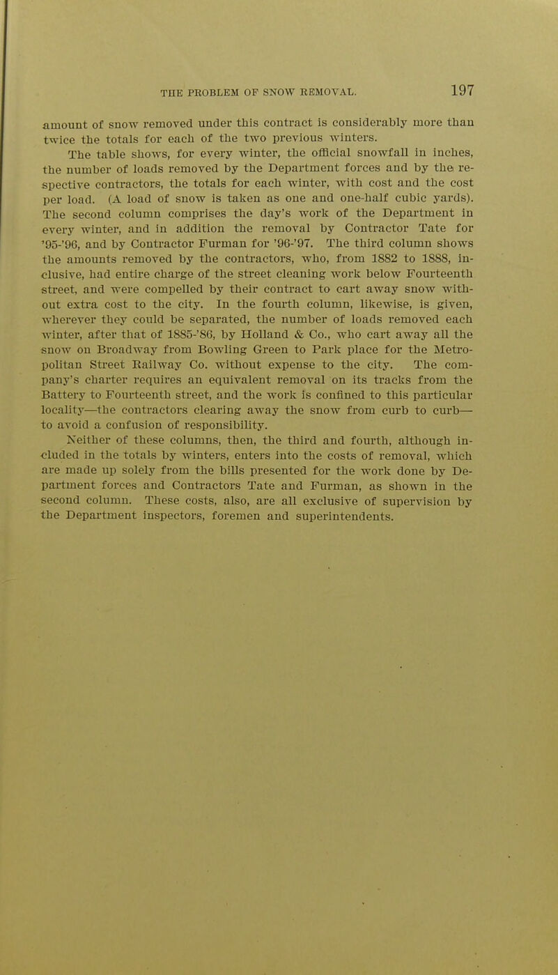 amount of snow removed under this contract is considerably more than twice the totals for each of the two previous winters. The table shows, for every winter, the official snowfall in inches, the number of loads removed by the Department forces and by the re- spective contractors, the totals for each winter, with cost and the cost per load. (A load of snow is taken as one and one-half cubic yards). The second column comprises the day's worli of the Department in every winter, and in addition the removal by Contractor Tate for '95-'96, and by Contractor Furman for '96-'97. The third column shows the amounts removed by the contractors, who, from 1882 to 1888, in- clusive, had entire charge of the street cleaning worli below Fourteenth street, and were compelled by their contract to cart away snow with- out extra cost to the city. In the fourth column, liliewise, is given, wherever they could be separated, the number of loads removed each winter, after that of 1S85-'S6, by Holland «& Co., who cart away all the snow on Broadway from Bowling Green to Parli place for the Metro- politan Street Railway Co. without expense to the city. The com- pany's charter requires an equivalent removal on its traclis from the Battery to Fourteenth street, and the work is confined to this particular locality—the contractors clearing away the snow from curb to curb— to avoid a confusion of responsibility. Neither of these columns, then, the third and fourth, although in- cluded in the totals by winters, enters into the costs of removal, which are made up solely from the bills presented for the work done by De- partment forces and Contractors Tate and Furman, as shown in the second column. These costs, also, are all exclusive of supervision by the Department inspectors, foremen and superintendents.