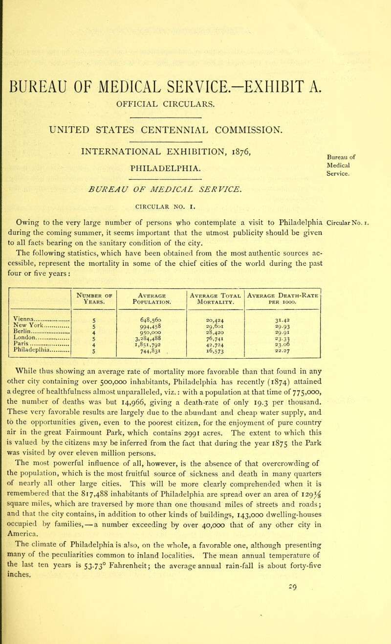 BUREAU OF MEDICAL SERVICE-EXHIBIT A. OFFICIAL CIRCULARS. UNITED STATES CENTENNIAL COMMISSION. INTERNATIONAL EXHIBITION, 1876, PHILADELPHIA. BUREAU OF MEDICAL SERVICE. CIRCULAR NO. I. Owing to the very large number of persons who contemplate a visit to Philadelphia during the coming summer, it seems important that the utmost publicity should be given to all facts bearing on the sanitary condition of the city. The following statistics, which have been obtained from the most authentic sources ac- cessible, represent the mortality in some of the chief cities of the world during the past four or five years : Number of Years. Average Population. Average Total Mortality. Average Death-Rate PER 1000. Vienna 5 648,560 20,424 31-42 New York 5 994,458 29,601 29-93 Berlin 4 950,000 28,420 29.91 London 5 3,284,488 76,741 23-33 Paris 4 1,851,792 42,724 23.06 Philadeplhia 5 744,831 , 16,573 22.27 While thus showing an average rate of mortality more favorable than that found in any other city containing over 500,000 inhabitants, Philadelphia has recently (1874) attained a degree of healthfulness almost unparalleled, viz.: with a population at that time of 775,000, the number of deaths was but 14,966, giving a death-rate of only 19.3 per thousand. These very favorable results are largely due to the abundant and cheap water supply, and to the opportunities given, even to the poorest citizen, for the enjoyment of pure country air in the great Faii'mount Park, which contains 2991 acres. The extent to which this is valued by the citizens may be inferred from the fact that during the year 1875 Park was visited by over eleven million persons. The most powerful influence of all, however, is the absence of that overcrowding of the population, which is the most fruitful source of sickness and death in many quarters of nearly all other large cities. This will be more clearly comprehended when it is remembered that the 817,488 inhabitants of Philadelphia are spread over an area of 129^4 square miles, which are traversed by more than one thousand miles of streets and roads; and that the city contains, in addition to other kinds of buildings, 143,000 dwelling-houses occupied by families, — a number exceeding by over 40,000 that of any other city in America. The climate of Philadelphia is also, on the whole, a favorable one, although presenting many of the peculiarities common to inland localities. The mean annual temperature of the last ten years is 53-73° Fahrenheit; the average annual rain-fall is about forty-five inches. Bureau of Medical Service. Circular No.