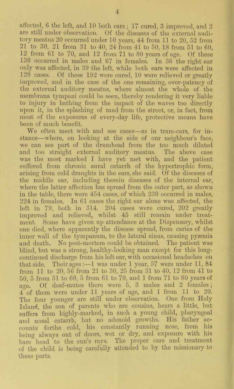 affected, 6 the left, and 10 both ears; 17 cured, 3 improved, and 2 are still under observation. Of the diseases of the external audi- tory meatus 20 occurred under 10 years, 44 from 11 to 20, 52 from 21 to 30, 21 from 31 to 40, 24 from 41 to 50, 18 from 51 to 60, 12 from 61 to 70, and 12 from 71 to 80 years of age. Of these 136 occurred in males and 67 in females. In 36 the right ear only was affected, in 39 the left, while both ears were affected in 128 cases. Of these 192 were cured, 10 were relieved or greatly improved, and in the case of the one remaining, over-patency of the external auditory meatus, where almost the whole of the membrana tympani could be seen, thereby rendering it very liable to injury in bathing from the impact of the waves too directly upon it, in the splashing of mud from the street, or, in fact, from most of the exposures of every-day life, protective means have been of much benefit. We often meet with and see cases—as in tram-cars, for in- stance—where, on looking at the side of our neighbour’s face, we can see part of the drumhead from the too much dilated and too straight external auditory meatus. The above case was the most marked I have yet met with, and the patient suffered from chronic aural catarrh of the hypertrophic form, arising from cold draughts in the ears, she said. Of the diseases of the middle ear, including therein diseases of the internal ear, where the latter affection lias spread from the outer part, as shown in the table, there were 454 cases, of which 230 occurred in males, 224 in females. In 61 cases the right ear alone was affected, the left in 79, both in 314. 204 cases were cured, 202 greatly improved and relieved, whilst 45 still remain under treat- ment. Some have given up attendance at the Dispensary, whilst one died, where apparently the disease spread, from caries of the inner wall of the tympanum, to the lateral sinus, causing pyamiia and death. No post-mortem could be obtained. The patient was blind, but was a strong, healthy-looking man except for this long- continued discharge from his left ear, with occasional headaches on that side. Their ages:—1 was under 1 year, 57 were under 11, 84 from 11 to 20, 56 from 21 to 30, 25 from 31 to 40, 12 from 41 to 50, 5 from 51 to 60, 5 from 61 to 70, and 1 from 71 to 80 years of age. Of deaf-mutes there were 5, 3 males and 2 females; 4 of them were under 11 years of age, and 1 from 11 to 20. The four younger are still under observation. One from Holy Island, the son of parents who are cousins, hears a little, but suffers from highly-marked, in such a young child, pharyngeal and nasal catarrh, but no adenoid growths. His father ac- counts forthe cold, his constantly running nose, from his being always out of doors, wet or dry, and exposure with his bare head to the sun’s rays. The proper care and treatment of the child is being carefully attended to by the missionary to these parts.
