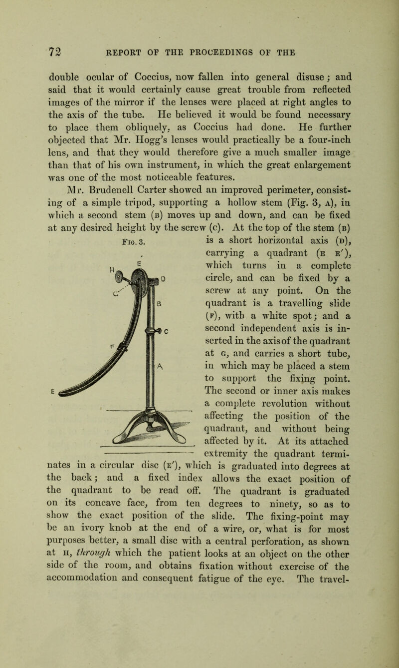 double ocular of Coccius, now fallen into general disuse; and said that it would certainly cause great trouble from reflected images of the mirror if the lenses were placed at right angles to the axis of the tube. He believed it would be found necessary to place them obliquely, as Coccius had done. He further objected that Mr. Hogg's lenses would practically be a four-inch lens, and that they would therefore give a much smaller image than that of his own instrument, in which the great enlargement was one of the most noticeable features. M r. Brudenell Carter showed an improved perimeter, consist- ing of a simple tripod, supporting a hollow stem (Fig. 3, a), in which a second stem (b) moves up and down, and can be fixed at any desired height by the screw (c). At the top of the stem (b) is a short horizontal axis (d), carrying a quadrant (e e'), which turns in a complete circle, and can be fixed by a screw at any point. On the quadrant is a travelling slide (f), with a white spot; and a second independent axis is in- serted in the axis of the quadrant at g, and carries a short tube, in which may be placed a stem to support the fixing point. The second or inner axis makes a complete revolution without affecting the position of the quadrant, and without being affected by it. At its attached extremity the quadrant termi- nates in a circular disc (e'), which is graduated into degrees at the back; and a fixed index allows the exact position of the quadrant to be read off. The quadrant is graduated on its concave face, from ten degrees to ninety, so as to show the exact position of the slide. The fixing-point may be an ivory knob at the end of a wire, or, what is for most purposes better, a small disc with a central perforation, as shown at h, through which the patient looks at an object on the other side of the room, and obtains fixation without exercise of the accommodation and consequent fatigue of the eye. The travel- Fig. 3.