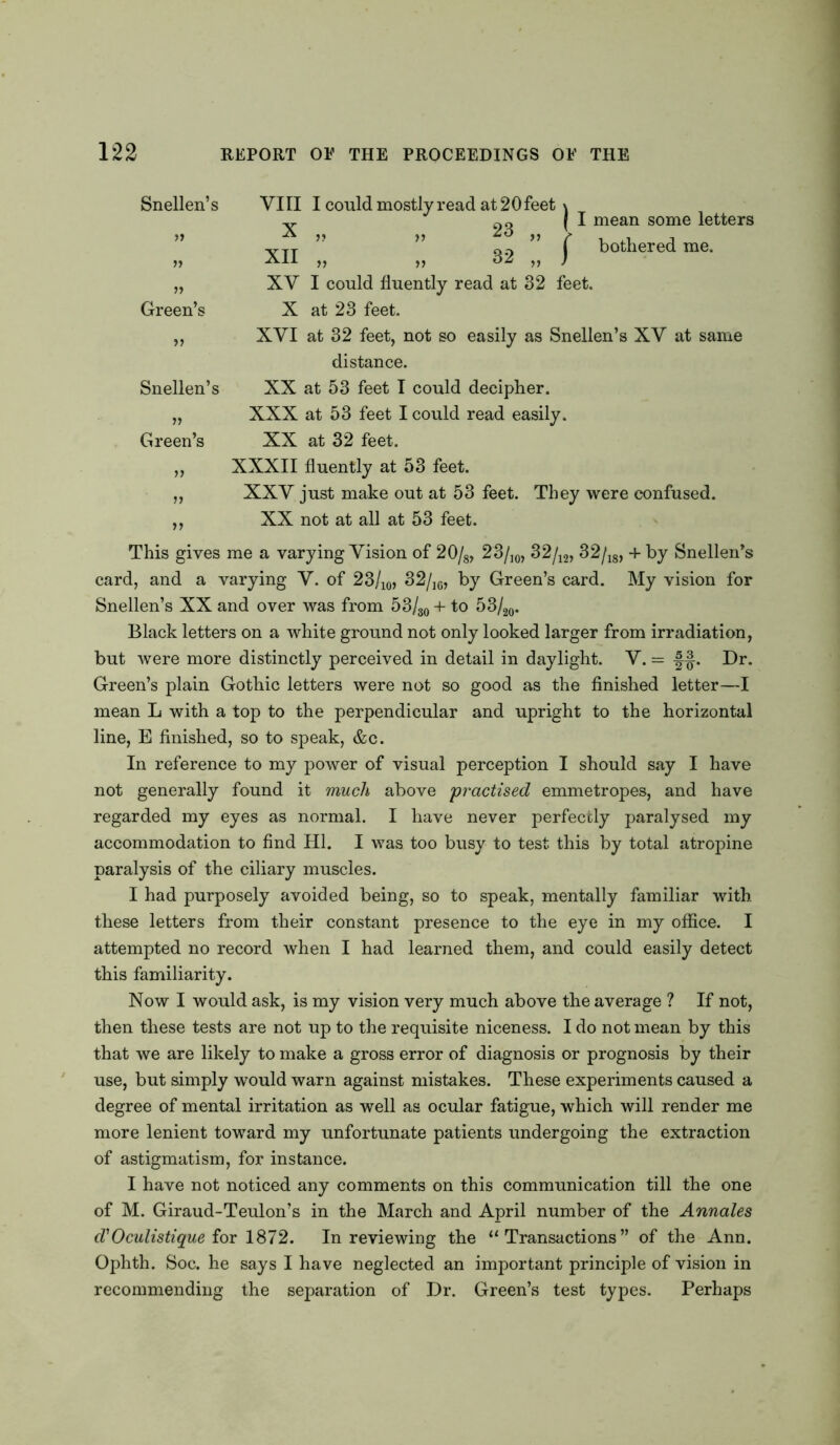 Snellen’s Green’s >> Snellen’s Green’s )> v I mean some letters bothered me. VIII I could mostly read at 20 feet \ x „ „ 23 „ ( XII „ „ 32 „ J XV I could fluently read at 32 feet. X at 23 feet. XYI at 32 feet, not so easily as Snellen’s XV at same distance. XX at 53 feet I could decipher. XXX at 53 feet I could read easily. XX at 32 feet. XXXII fluently at 53 feet. XXV just make out at 53 feet. They were confused. XX not at all at 53 feet. This gives me a varying Vision of 20/8, 23/10, 32/12, 32/18, + by Snellen’s card, and a varying V. of 23/10, 32/1G, by Green’s card. My vision for Snellen’s XX and over was from 53/30 + to 53/20. Black letters on a white ground not only looked larger from irradiation, but were more distinctly perceived in detail in daylight. V. = |-§. Dr. Green’s plain Gothic letters were not so good as the finished letter—I mean L with a top to the perpendicular and upright to the horizontal line, E finished, so to speak, &c. In reference to my power of visual perception I should say I have not generally found it much above 'practised emmetropes, and have regarded my eyes as normal. I have never perfectly paralysed my accommodation to find HI. I was too busy to test this by total atropine paralysis of the ciliary muscles. I had purposely avoided being, so to speak, mentally familiar with these letters from their constant presence to the eye in my office. I attempted no record when I had learned them, and could easily detect this familiarity. Now I would ask, is my vision very much above the average ? If not, then these tests are not up to the requisite niceness. I do not mean by this that we are likely to make a gross error of diagnosis or prognosis by their use, but simply would warn against mistakes. These experiments caused a degree of mental irritation as well as ocular fatigue, which will render me more lenient toward my unfortunate patients undergoing the extraction of astigmatism, for instance. I have not noticed any comments on this communication till the one of M. Giraud-Teulon’s in the March and April number of the Annates d'Oculistique for 1872. In reviewing the 11 Transactions ” of the Ann. Ophth. Soc. he says I have neglected an important principle of vision in recommending the separation of Dr. Green’s test types. Perhaps