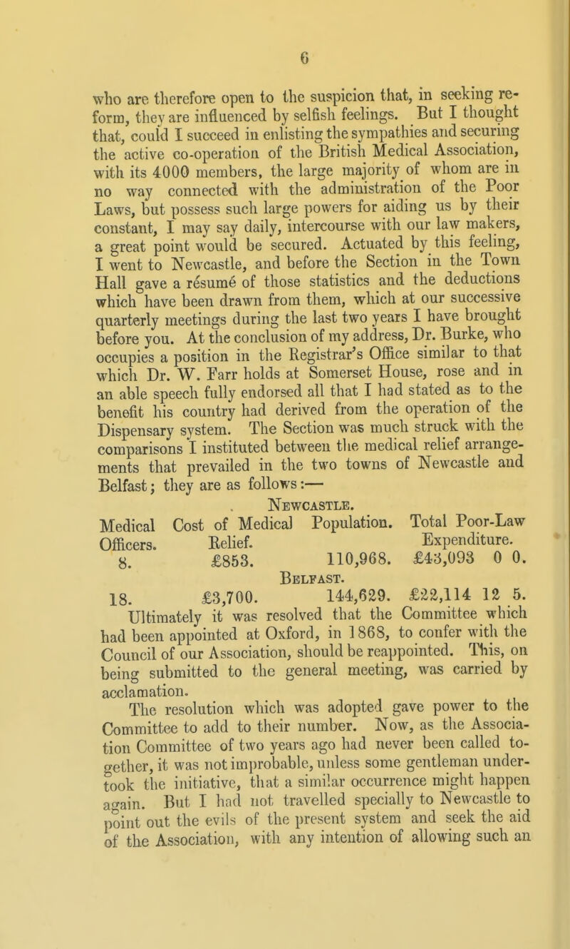 who are therefore open to the suspicion that, in seeking re- form, tliey are influenced by selfish feelings. But I thought that, could I succeed in enlisting the sympathies and securmg the active co-operation of the British Medical Association, with its 4000 members, the large majority of whom are in no way connected with the administration of the Poor Laws, but possess such large powers for aiding us by their constant, I may say daily, intercourse with our law makers, a great point would be secured. Actuated by this feeling, I went to Newcastle, and before the Section in the Town Hall gave a resume of those statistics and the deductions which have been drawn from them, which at our successive quarterly meetings during the last two years I have brought before you. At the conclusion of my address. Dr. Burke, who occupies a position in the Registrar's Office similar to that which Dr. W. Farr holds at Somerset House, rose and in an able speech fully endorsed all that I had stated as to the benefit his country had derived from the operation of the Dispensary system. The Section was much struck with the comparisons I instituted between the medical relief arrange- ments that prevailed in the two towns of Newcastle and Belfast J they are as follows:— Newcastle. Medical Cost of Medical Population. Total Poor-Law Officers. Relief. Expenditure. 8. £853. 110,968. £43,093 0 0. Belfast* 18. £3,700. 144,629. £22,114 12 5. Ultimately it was resolved that the Committee which had been appointed at Oxford, in 1868, to confer with the Council of our Association, should be reappointed. This, on being submitted to the general meeting, was carried by acclamation. The resolution which was adopted gave power to the Committee to add to their number. Now, as the Associa- tion Committee of two years ago had never been called to- gether, it was not improbable, unless some gentleman under- took the initiative, that a similar occurrence might happen a«-ain. But I had not travelled specially to Newcastle to point out the evils of the present system and seek the aid of the Association, with any intention of allowing such an