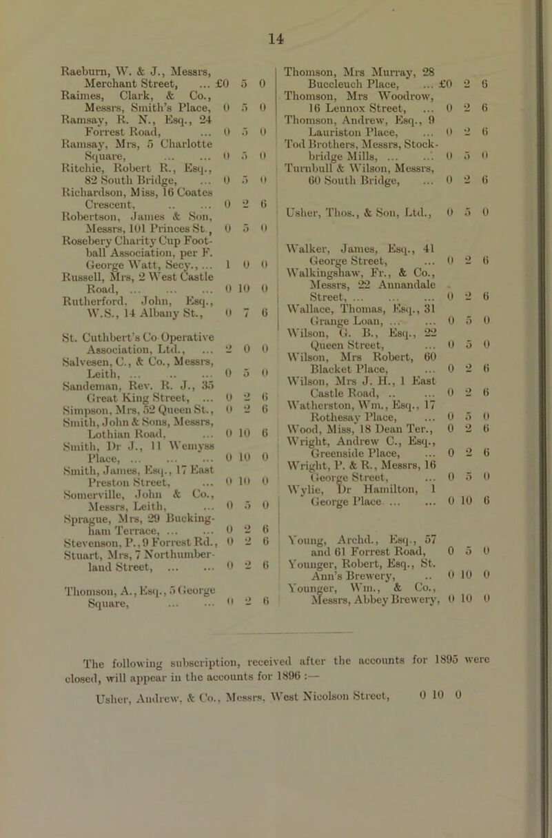 Raeburn, W. & J., Messrs, Merchant Street, ... £0 5 0 Raimes, Clark, k Co., Messrs, Smith’s Place, 0 5 0 Ramsay, R. N., Esq., 24 Forrest Road, ... 0 5 U Ramsay, Mrs, 5 Charlotte Square, 0 5 0 Ritchie, Robert R., Esq., 82 South Bridge, ... 0 ,j 0 Richardson, Miss, 16 Coates Crescent, .. ... 0 2 6 Robertson, James k Son, Messrs, 101 Princes St, 0 5 0 Rosebery Charity Cup Foot- ball Association, per F. George Watt, Secy., ... 1 0 0 Russell, Mrs, 2 West Castle Road, ... ... ... 0 10 0 Rutherford. John, Esq., W.S., 14 Albany St., 0 7 6 St. Cuthbert’s Co Operative Association, Ltd., ... 2 0 0 Salvesen, C., & Co., Messrs, Leith, ... 0 5 0 Snndeman, Rev. R. J., 35 Great King Street, ... 0 2 6 Simpson, Mrs, 52 Queen St., 0 2 6 Smith, John k Sons, Messrs, Lothian Road, ... 0 10 6 Smith, Dr J., 11 Wemyss Place, ... ..._ ... 0 10 0 Smith, James, Esq., 17 East Preston Street, ... 0 10 0 Somerville, John k Co., Messrs, Leith, ... 0 5 0 Sprague, Mrs, 29 Bucking- ham Terrace, 0 2 6 Stevenson, P., 9 Forrest Rd. ,026 Stuart, Mrs, 7 Northumber- land Street, 0 2 6 Thomson, A., Esq., 5 George Square, 0 2 6 Thomson, Mrs Murray, 28 Buccleuch Place, ... £0 2 6 Thomson, Mrs Woodrow, 16 Lennox Street, ... 0 2 6 Thomson, Andrew, Esq., 9 Lauriston Place, ... 0 2 6 Tod Brothers, Messrs, Stock- bridge Mills, '. 0 5 0 Turnbull & Wilson, Messrs, 60 South Bridge, ... 0 2 6 Usher, Tlios., & Son, Ltd., 0 5 0 Walker, James, Esq., 41 George Street, ... 0 2 6 Walkingsnaw, Fr., k Co., Messrs, 22 Annandale Street, 0 2 6 Wallace, Thomas, Esq., 31 Grange Loan, ... ... 0 5 0 Wilson, G. B., Esq., 22 Queen Street, ... 0 5 0 Wilson, Mrs Robert, 60 Blacket Place, ... 0 2 6 Wilson, Mrs J. H., 1 East Castle Road, .. ... 0 2 6 Watherston, Win., Esq., 17 Rothesay Place, ... 0 5 0 Wood, Miss, 18 Dean Ter., 0 2 6 Wright, Andrew C., Esq., Greeuside Place, ... 0 2 6 Wright, P. & R., Messrs, 16 George Street, ... 0 5 0 Wylie, Dr Hamilton, 1 George Place 0 10 6 Young, Archd., Esq., 57 and 61 Forrest Road, 0 5 0 Younger, Robert, Esq., St. Ann’s Brewery, .. 0 10 0 Younger, Wm., & Co., Messrs, Abbey Brewery, 0 10 0 The following subscription, received after the accounts for 1895 were closed, will appear in the accounts for 1896 :— Usher, Andrew. * Co., Messrs. West Nioolsou Street, 0 10 0