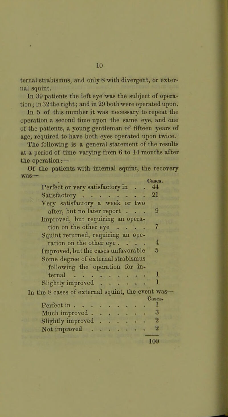 ternal strabismus, and only 8 with divergent, or exter- nal squint. In 39 patients the left eye was the subject of opera- tion ; in 32 the right; and in 29 both were operated upon. In 5 of this number it was necessary to repeat the operation a second time upon the same eye, and one of the patients, a young gentleman of fifteen years of age, required to have both eyes operated upon twice. The following is a general statement of the results at a period of time varying from 6 to 14 months after the operation:— Of the patients with internal squint, the recovery was— Cases. Perfect or very satisfactory in . . 44 Satisfactory 21 Very satisfactory a week or two after, but no later report ... 9 Improved, but requiring an opera- tion on the other eye .... 7 Squint returned, requiring an ope- ration on the other eye .... 4 Improved, but the cases vinfavorable 5 Some degree of external strabismus following the operation for in- ternal 1 Slightly improved 1 In the 8 cases of external squint, the event was— Cases. Perfect in 1 Much improved 3 Slightly improved 2 Not improved 2 100