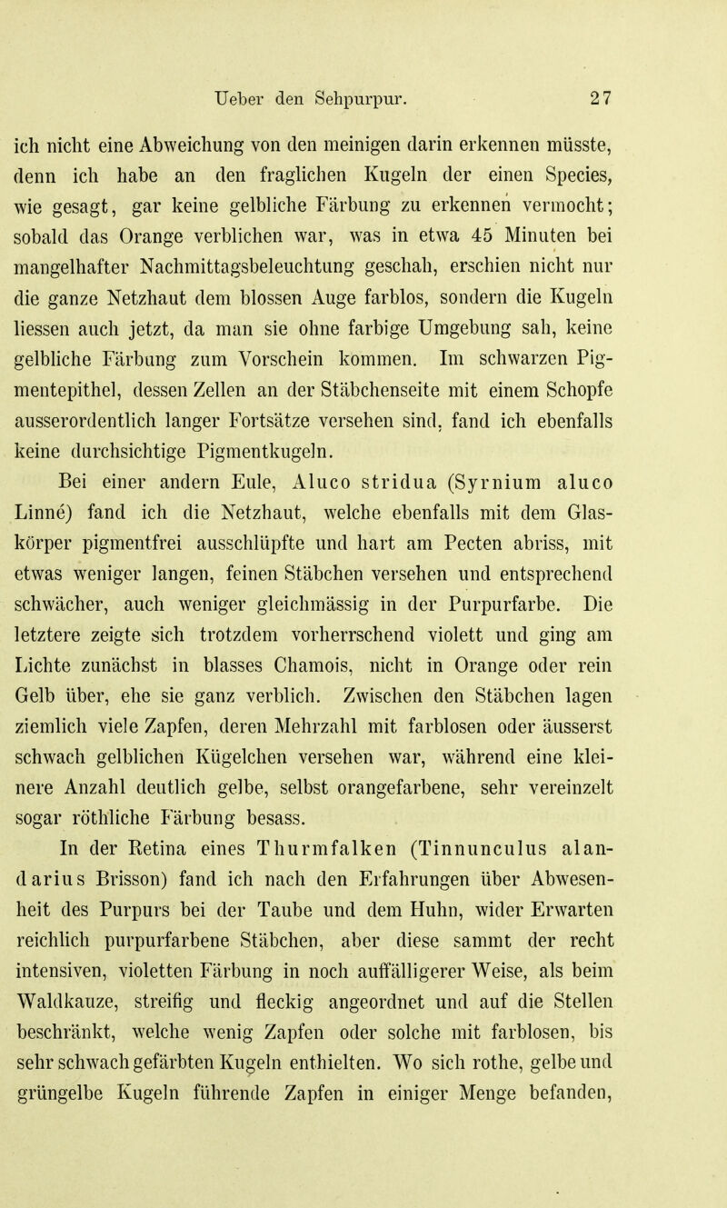 ich nicht eine Abweichung von den meinigen darin erkennen miisste, denn ich habe an den fraglichen Kugeln der einen Species, wie gesagt, gar keine gelbliche Farbung zu erkennen vermocht; sobald das Orange verblichen war, was in etwa 45 Minuten bei mangelhafter Nachmittagsbeleuchtung geschah, erschien nicht nur die ganze Netzhaut dem blossen Auge farblos, sondern die Kugeln liessen audi jetzt, da man sie ohne farbige Umgebung sah, keine gelbliche Farbung zum Vorschein kommen. Im schwarzen Pig- mentepithel, dessen Zellen an der Stabchenseite mit einem Schopfe ausserordentlich langer Fortsatze versehen sind. fand ich ebenfalls keine durchsichtige Pigmentkugeln. Bei einer andern Eule, Aluco stridua (Syrnium aluco Linne) fand ich die Netzhaut, welche ebenfalls mit dem Glas- korper pigmentfrei ausschliipfte unci hart am Pecten abriss, mit etwas weniger langen, feinen Stabchen versehen und entsprechend schwacher, auch weniger gleichmassig in der Purpurfarbe. Die letztere zeigte sich trotzdem vorherrschend violett und ging am Lichte zun'achst in blasses Chamois, nicht in Orange oder rein Gelb liber, ehe sie ganz verblich. Zwischen den Stabchen lagen ziemlich viele Zapfen, deren Mehrzahl mit farblosen oder ausserst schwach gelblichen Kligelchen versehen war, wahrend eine klei- nere Anzahl deutlich gelbe, selbst orangefarbene, sehr vereinzelt sogar rothliche Farbung besass. In der Retina eines Thurmfalken (Tinnunculus alan- darius Brisson) fand ich nach den Erfahrungen iiber Abwesen- heit des Purpurs bei der Taube und dem Huhn, wider Erwarten reichlich purpurfarbene Stabchen, aber diese sammt der recht intensiven, violetten Farbung in noch auffalligerer Weise, als beim Waldkauze, streifig und fleckig angeordnet und auf die Stellen beschr'ankt, welche wenig Zapfen oder solche mit farblosen, bis sehr schwach gefarbten Kugeln enthielten. Wo sich rothe, gelbe und griingelbe Kugeln fuhrende Zapfen in einiger Menge befanden,