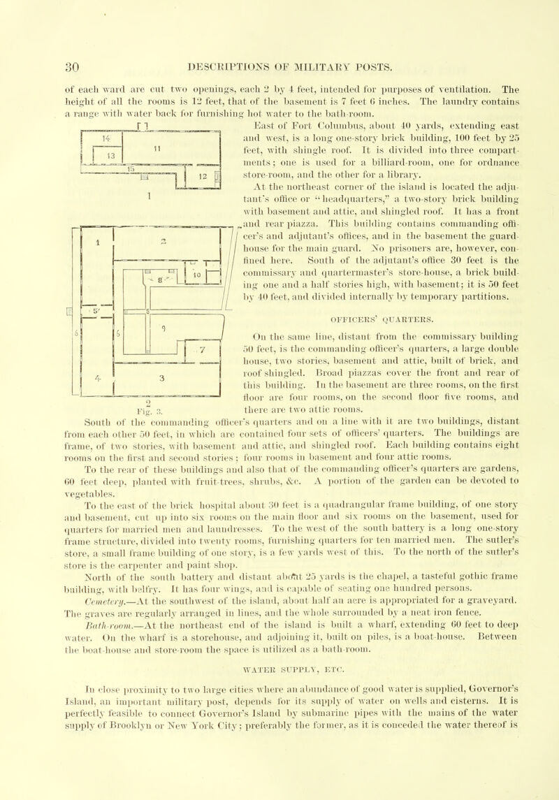 14 1 f— 1 | 13 j=L | | 12 p 1 of each ward are cut two openings, each 2 by 4 feet, intended for purposes of ventilation. The height of all the rooms is 12 feet, that of the basement is 7 feet 0 inches. The laundry contains a range with water back for furnishing hot water to the bath-room. East of Fort Columbus, about 40 yards, extending east and west, is a long one-story brick building, 100 feet by 25 feet, with shingle roof. It is divided into three compart- ments ; one is used for a billiard-room, one for ordnance store-room, and the other for a library. At the northeast corner of the island is located the adju- tant's office or ''headquarters, a two-story brick building with basement and attic, and shingled roof. It has a front „and rear piazza. This building contaius commanding offi- cer's and adjutant's offices, and in the basement the guard- house for the main guard. No prisoners are, however, con- fined here. South of the adjutant's office 30 feet is the commissary and quartermaster's store-house, a brick build- ing one and a half stories high, with basement; it is 50 feet by 40 feet, and divided internally by temporary partitions. OFFICERS' QUARTERS. On the same line, distant from the commissary building 50 feet, is the commanding officer's quarters, a large double house, two stories, basement and attic, built of brick, and roof shingled. Broad piazzas cover the front and rear of this building. In the basement are three rooms, on the first floor are four rooms, on the second floor five rooms, and there are two attic rooms. South of the commanding officers quarters and on a line with it are two buildings, distant from each other 50 feet, in which are contained four sets of officers' quarters. The buildings are frame, of two stories, with basement and attic, and shingled roof. Each building contains eight rooms on the first and second stories ; four rooms in basement and four attic rooms. To the rear of these buildings and also that of the commanding officer's quarters are gardens, 60 feet deep, planted with fruit-trees, shrubs, &c. A portion of the garden can be devoted to vegetables. To the east of the brick hospital about 30 feet is a quadrangular frame building, of one story and basement, cut up into six rooms on the main floor and six rooms on the basement, used for quarters for married men and laundresses. To the west of the south battery is a long one-story frame structure, divided into twenty rooms, furnishing quarters for ten married men. The sutler's store, a small frame building of one story, is a few yards west of this. To the north of the sutler's store is the carpenter and paint shop. North of the south battery and distant abend 25 yards is the chapel, a tasteful gothic frame building, with belfry. It has four wings, and is capable of seating one hundred persons. Cemetery.—At the southwest of the island, about half an acre is appropriated for a graveyard. The graves are regularly arranged in lines, and the whole surrounded by a neat iron fence. Bath-room.—At the northeast end of the island is built a wharf, extending GO feet to deep water. On the wharf is a storehouse, and adjoining it, built on piles, is a boat-house. Between the boat-house and store-room the space is utilized as a bath-room. WATER SUPPLY, ETC. In close proximity to t wo large cities where an abundance of good water is supplied, Governor's Island, an important military post, depends for its supply of water on wells and cisterns. It is perfectly feasible to connect Governor's Island by submarine pipes with the mains of the water- supply of Brooklyn or New York City; preferably the former, as it is conceded the water thereof is