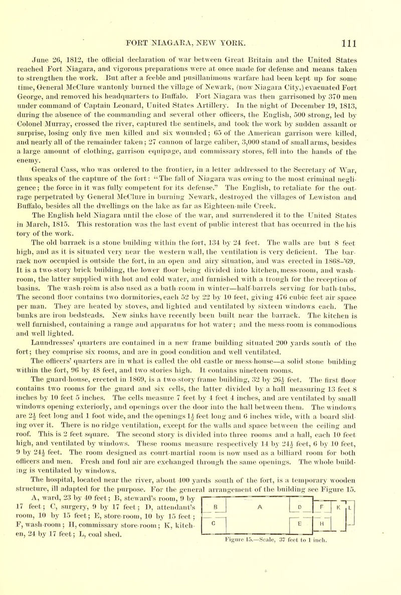 June 26, 1812, the official declaration of war between Great Britain and the United States reached Fort Niagara, and vigorous preparations were at once made for defense and means taken to strengthen the work. But after a feeble and pusillanimous warfare had been kept up for some time, General McClure wantonly burned the village of Newark, (now Niagara City,) evacuated Fort George, and removed his headquarters to Buffalo. Fort Niagara was then garrisoned by 370 men under command of Captain Leonard, United States Artillery. In the night of December 19, 1813, during the absence of the commanding and several other officers, the English, 500 strong, led by Colonel Murray, crossed the river, captured the sentinels, and took the work by sudden assault or surprise, losing only five men killed and six wounded; 05 of the American garrison were killed, and nearly all of the remainder taken; 27 cannon of large caliber, 3,000 stand of small arms, besides a large amount of clothing, garrison equipage, and commissary stores, fell into the hands of the enemy. General Cass, who was ordered to the frontier, in a letter addressed to the Secretary of War, thus speaks of the capture of the fort: The fall of Niagara was owing to the most criminal negli- gence; the force in it was fully competent for its defense. The English, to retaliate for the out- rage perpetrated by General McClure in burning Newark, destroyed the villages of Lewiston and Buffalo, besides all the dwellings on the lake as far as Eighteen-mile Creek. The English held Niagara until the close of the war, and surrendered it to the United States in March, 1815. This restoration was the last event of public interest that has occurred in the his tory of the work. The old barrack is a stone building within the fort, 134 by 24 feet. The walls are but 8 feet high, and as it is situated very near the western wall, the ventilation is very deficient. The bar- rack now occupied is outside the fort, in an open and airy situation, and was erected in 1868-'09. It is a two-story brick building, the lower floor being divided into kitchen, mess-room, and wash- room, the latter supplied with hot and cold water, and furnished with a trough for the reception of basins. The wash-room is also used as a bath-room in winter—half-barrels serving for bath-tubs. The second floor contains two dormitories, each 52 by 22 by 10 feet, giving 476 cubic feet air space per man. They are heated by stoves, and lighted and ventilated by sixteen windows each. The bunks are iron bedsteads. New sinks have recently been built near the barrack. The kitchen is well furnished, containing a range and apparatus for hot water; and the mess-room is commodious and well lighted. Laundresses' quarters are contained in a, new frame building situated 200 yards south of the fort; they comprise six rooms, and are in good condition and well ventilated. The ofticers' quarters are in what is called the old castle or mess-house—a solid stone building within the fort, 96 by 48 feet, and two stories high. It contains nineteen rooms. The guard-house, erected in 1869, is a two-story frame building, 32 by 26J feet. The first floor contains two rooms for the guard and six cells, the latter divided by a hall measuring 13 feet 8 inches by 10 feet 5 inches. The cells measure 7 feet by 4 feet 4 inches, and are ventilated by small windows opening exteriorly, and openings over the door into the hall between them. The windows are 2J feet long and 1 foot wide, and the openings 1£ feet long and 6 inches wide, with a board slid- ing over it. There is no ridge ventilation, except for the walls and space between the ceiling and roof. This is 2 feet square. The second story is divided into three rooms and a. hall, each 10 feet high, and ventilated by windows. These rooms measure respectively 14 by 24£ feet, 6 by 10 feet, 9 by 24i feet. The room designed as court-martial room is now used as a billiard room for both officers and men. Fresh and foul air are exchanged through the same openings. The whole build- ing is ventilated by windows. The hospital, located near the river, about 400 yards south of the fort, is a temporary wooden structure, ill adapted for the purpose. For the general arrangement of the building see Figure 15. A, ward, 23 by 40 feet; B, steward's room, 9 by 17 feet; C, surgery, 9 by 17 feet; D, attendant's room, 10 by 15 feet; E, store-room, 10 by 15 feet; H, commissary store-room; K, kitch- F, wash-room; en, 24 by 17 feet; L, coal shed. Figure 15.—Scale, 37 feet to 1 inch. *■