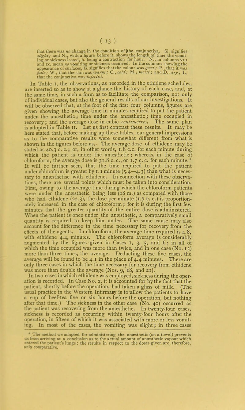 that there was «(7 change in the condition of|the conjunctiva. SI. signifies slight; and N., with a figure before it, shows the length of time the vomit- ing or sickness lasted, h. bein^ a contraction for hour. N., in columns viii and IX, mean no vomiting or sickness occurred. In the columns showing the appearance of surfaces, G. signifies that the colour was goad; P., that it was />ate; W., that the skin was ; C.,cold; M,, moist ; andX).,dry; I,, that the conjunctiva was injected. In Table i, the observations, as recorded in the ethidene schedules, are inserted so as to show at a glance the history of each case, and, at the same time, in such a form as to facilitate the comparison, not only of individual cases, but also the general results of our investigations. It will be observed that, at the foot of the first four columns, figures are given showing the average time in minutes required to put the patient under the anxsthetic; time under the anesthetic; time occupied in recovery ; and the average dose in cubic centimitres. The same plan is adopted in Table il. Let us first contrast these results. It may be here stated that, before making up these tables, our general impressions as to the comparative results were somewhat different from what is sho^vn in the figures before us.. The average dose of ethidene may be stated as 40.3 c. c.; or, in other words, 1.8 c.c. for each minute during which the patient is under the ansesthetic; whereas, in the case of chloroform, the average dose is 31.8 c. c., or 1.7 c. c. for each minute.* It will be further seen, that the time required to put the patient under chloroform is greater by i.i minute (5.4—4.3) than what is neces- sary to anjesthetise with ethidene. In connection with these observa- tions, there are several points which must be taken into consideration. First, owing to the average time during which the chloroform patients were under the ancesthetic being less (18 m.) as compared with those who had ethidene (22.3), the dose per minute (1.7 c. c.) is proportion- ately increased in the case of chloroform ; for it is during the first few minutes that the greater quantity of the entire dose is administered. WTien the patient is once under the anaesthetic, a comparatively small quantity is required to keep him under. The same cause may also account for the difference in the time necessary for recovery from the effects of the agents. In chloroform, the average time required is 4.8, with ethidene 4.4, minutes. The chloroform average is considerably augmented by the figures given in Cases i, 3, 5, and 6; in all of which the time occupied was more than twice, and in one case (No. 15) more than three times, the average. Deducting these five cases, the average will be found to be 4. i in the place of 4.4 minutes. There are only three cases in which the time necessary for recovery from ethidene was more than double the average (Nos. 9, 18, and 21). In two cases in which ethidene was employed, sickness during the oper- ation is recorded. In Case No. 2, it is accounted for by the fact that the patient, shortly before the operation, had taken a glass of milk. (The usual practice in the Western Infirmaiqi is to allow the patients to have a cup of beef-tea five or six hours before the operation, but nothing after that time.) The sickness in the other case (No. 40) occurred as the patient was recovering from the anesthetic. In twenty-four cases, sickness is recorded as occurring within twenty-four hours after the operation, in fifteen of which it was associated with more or less vomit- ing. In most of the cases, the vomiting was slight; in three cases * The method we adopted for administering the aniesthetic (on a towel) prevents ns from arriving at a conclusion as to the actual amount of antesthetic vapour which entered the patient’s lungs ; the results in respect to the doses given are, therefore, only comparative.