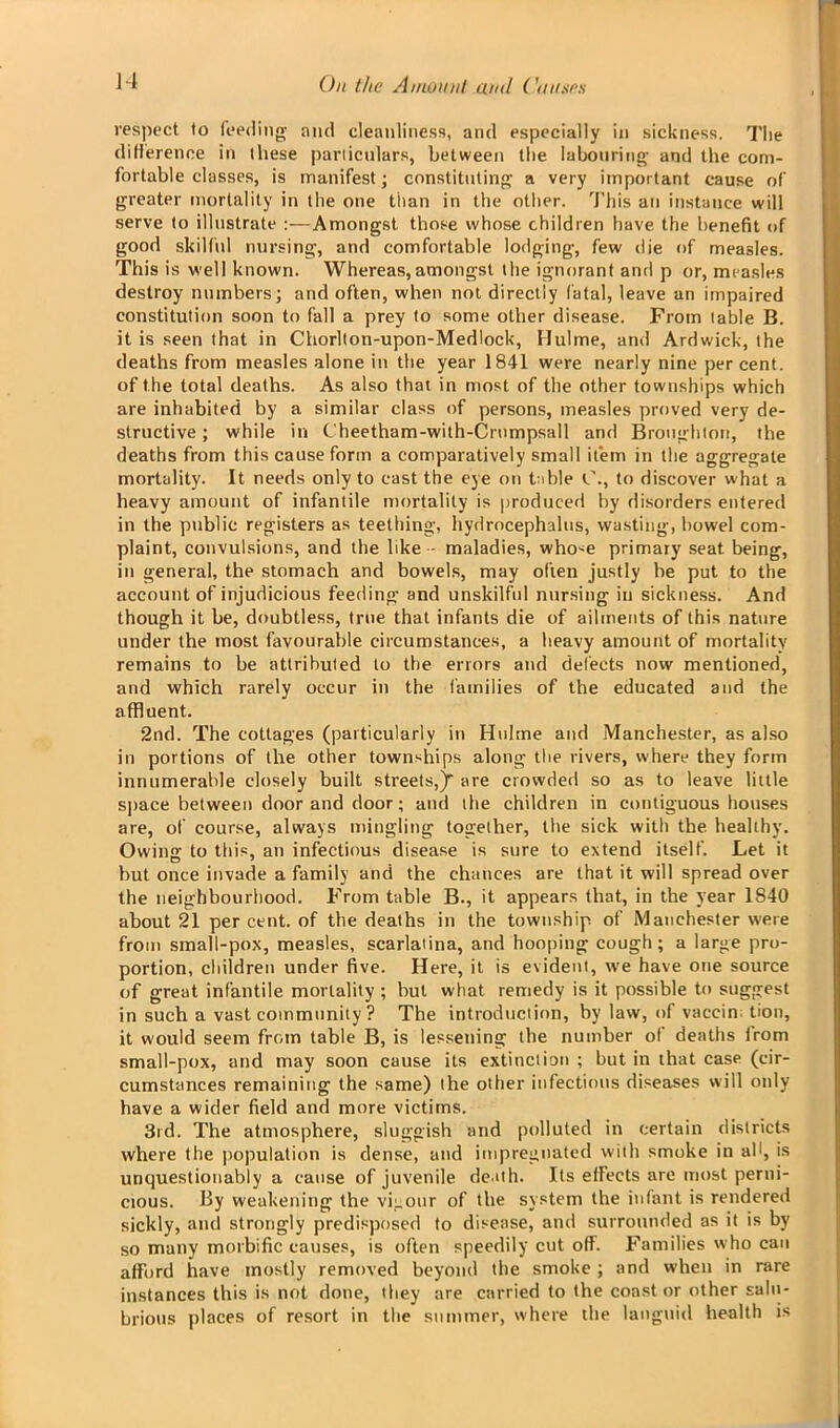 respect to feeding and cleanliness, and especially in sickness. The difference in these particulars, between the labouring and the com- fortable classes, is manifest; constituting a very important cause of greater mortality in the one titan in the other. This an instance will serve to illustrate :—Amongst those whose children have the benefit of good skilful nursing, and comfortable lodging, few die of measles. This is well known. Whereas,amongst the ignorant and p or, measles destroy numbers; and often, when not directly fatal, leave an impaired constitution soon to fall a prey to some other disease. From table B. it is seen that in Chorlton-upon-Medlock, Hulme, and Ardwick, the deaths from measles alone in the year 1841 were nearly nine percent, of the total deaths. As also that in most of the other townships which are inhabited by a similar class of persons, measles proved very de- structive ; while in Cheetham-with-Crumpsall and Broughton, the deaths from this cause form a comparatively small item in the aggregate mortality. It needs only to cast the eye on table l\, to discover what a heavy amount of infantile mortality is produced by disorders entered in the public registers as teething, hydrocephalus, wasting, bowel com- plaint, convulsions, and the like - maladies, who^e primary seat being, in general, the stomach and bowels, may often justly be put to the account of injudicious feeding and unskilful nursing in sickness. And though it be, doubtless, true that infants die of ailments of this nature under the most favourable circumstances, a heavy amount of mortality remains to be attributed to the errors and delects now mentioned, and which rarely occur in the families of the educated and the affluent. 2nd. The cottages (particularly in Hulme and Manchester, as also in portions of the other townships along the rivers, where they form innumerable closely built streets,)^ are crowded so as to leave little space between door and door; and the children in contiguous houses are, of course, always mingling together, the sick with the healthy. Owin<r to this, an infectious disease is sure to extend itself. Let it but once invade a family and the chances are that it will spread over the neighbourhood. From table B., it appears that, in the year 1840 about 21 per cent, of the deaths in the township of Manchester were from small-pox, measles, scarlatina, and hooping cough; a large pro- portion, children under five. Here, it is evident, we have one source of great infantile mortality ; but what remedy is it possible to suggest in such a vast community ? The introduction, by law, of vaccin; tion, it would seem from table B, is lessening the number of deaths lrom small-pox, and may soon cause its extinction ; but in that case (cir- cumstances remaining the same) the other infectious diseases will only have a wider field and more victims. 3rd. The atmosphere, sluggish and polluted in certain districts where the population is dense, and impregnated with smoke in ah, is unquestionably a cause of juvenile death. Its effects are most perni- cious. By weakening the vigour of the system the infant is rendered sickly, and strongly predisposed to disease, and surrounded as it is by so many morbific causes, is often speedily cut off. Families who can afford have mostly removed beyond the smoke ; and when in rare instances this is not done, they are carried to the coast or other salu- brious places of resort in the summer, where the languid health is
