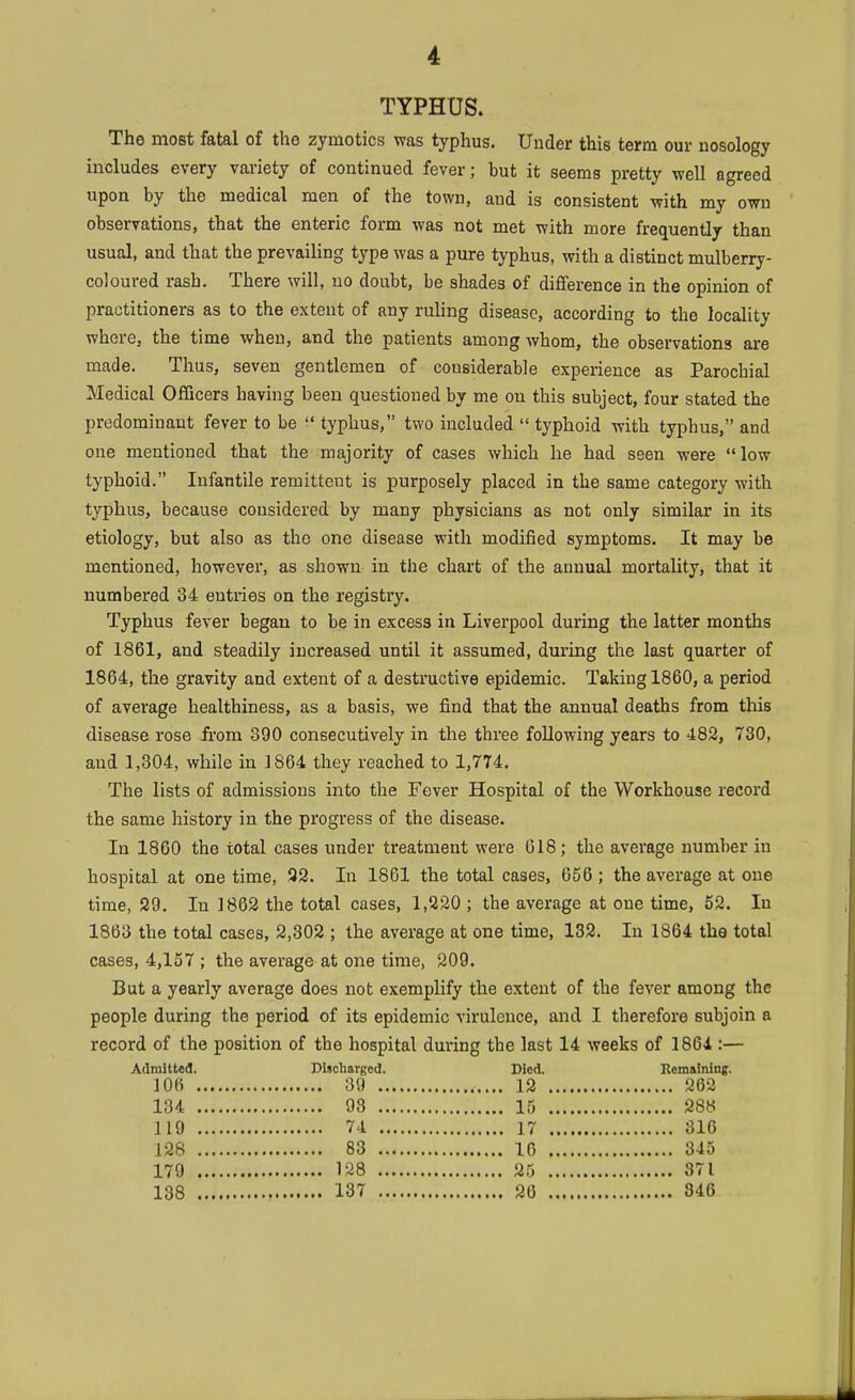 TYPHUS. The most fatal of the zymotics was typhus. Under this term our nosology includes every variety of continued fever; but it seems pretty well agreed upon by the medical men of the town, and is consistent with my own observations, that the enteric form was not met with more frequently than usual, and that the prevailing type was a pure typhus, with a distinct mulberry- coloured rash. There will, no doubt, be shades of difference in the opinion of practitioners as to the extent of any ruling disease, according to the locality where, the time when, and the patients among whom, the observations are made. Thus, seven gentlemen of considerable experience as Parochial Medical Officers having been questioned by me on this subject, four stated the predominant fever to be  typhus, two included  typhoid with typbus, and one mentioned that the majority of cases which he had seen were low typhoid. Infantile remitteut is purposely placed in the same category with typhus, because considered by many physicians as not only similar in its etiology, but also as the one disease with modified symptoms. It may be mentioned, however, as shown in the chart of the annual mortality, that it numbered 34 entries on the registry. Typhus fever began to be in excess in Liverpool during the latter months of 1861, and steadily increased until it assumed, during the last quarter of 1864, the gravity and extent of a destructive epidemic. Taking 1860, a period of average healthiness, as a basis, we find that the annual deaths from this disease rose from 390 consecutively in the three following years to 482, 730, and 1,304, while in 1864 they reached to 1,774. The lists of admissions into the Fever Hospital of the Workhouse record the same history in the progress of the disease. In 1860 the total cases under treatment were 618; the average number in hospital at one time, 22. In 1801 the total cases, 656 ; the average at one time, 29. In 1862 the total cases, 1,220 ; the average at one time, 52. In 1863 the total cases, 2,302 ; the average at one time, 132. In 1864 the total cases, 4,157 ; the average at one time, 209. But a yearly average does not exemplify the extent of the fever among the people during the period of its epidemic virulence, and I therefore subjoin a record of the position of the hospital during the last 14 weeks of 1864 :— Admitted. Discharged. Died. Remaining. 106 39 12 262 134 93 15 288 119 74 17 316 128 83 16 345 179 1^8 25 371 138 137 26 846