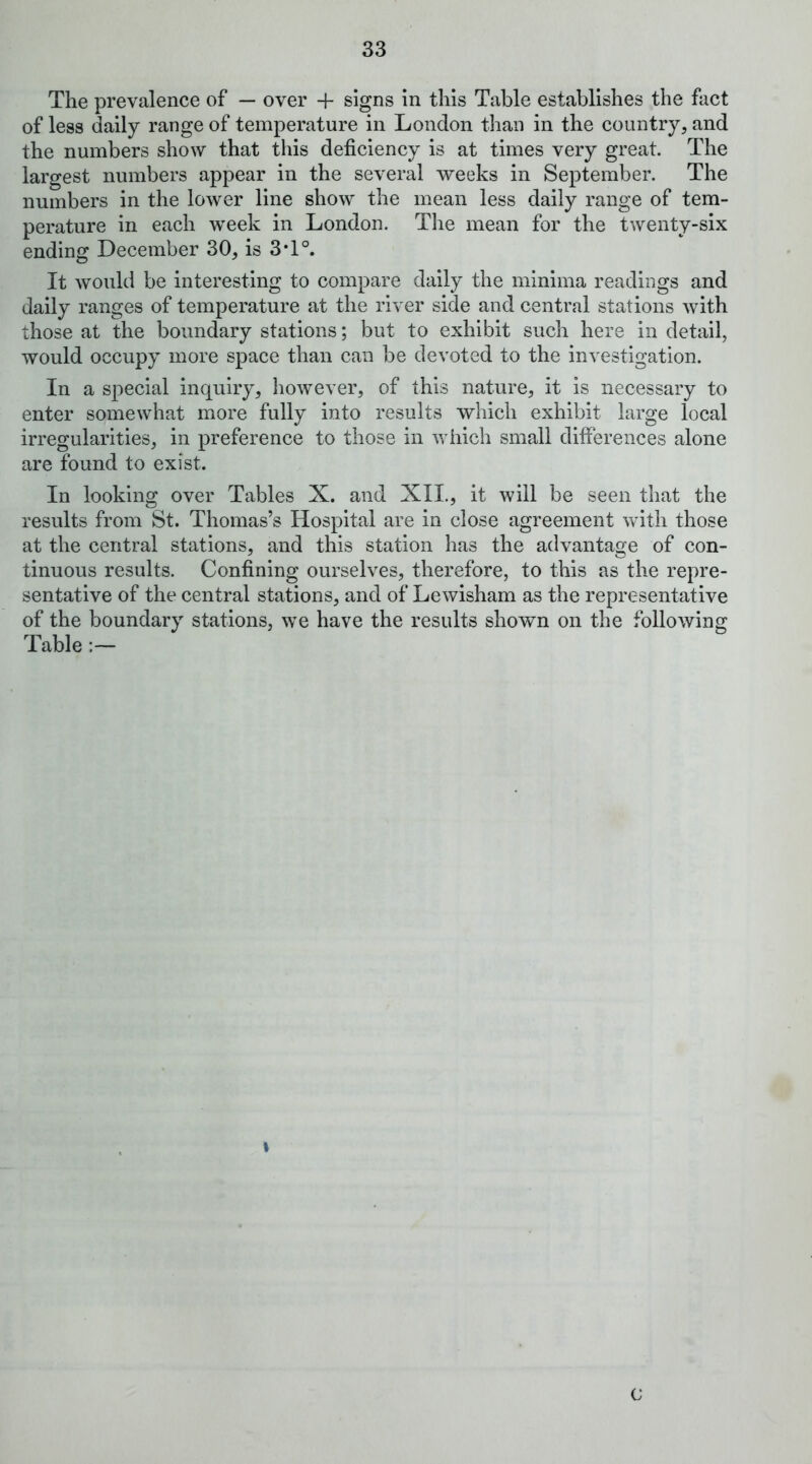 The prevalence of — over + signs in this Table establishes the fact of less daily range of temperature in London than in the country, and the numbers show that this deficiency is at times very great. The largest numbers appear in the several weeks in September. The numbers in the lower line show the mean less daily range of tem- perature in each week in London. The mean for the twenty-six ending December 30, is 3T°. It would be interesting to compare daily the minima readings and daily ranges of temperature at the river side and central stations with those at the boundary stations; but to exhibit such here in detail, would occupy more space than can be devoted to the investigation. In a special inquiry, however, of this nature, it is necessary to enter somewhat more fully into results which exhibit large local irregularities, in preference to those in which small differences alone are found to exist. In looking over Tables X. and XII., it will be seen that the results from St. Thomas’s Hospital are in close agreement with those at the central stations, and this station has the advantage of con- tinuous results. Confining ourselves, therefore, to this as the repre- sentative of the central stations, and of Lewisham as the representative of the boundary stations, we have the results shown on the following Table:— t c